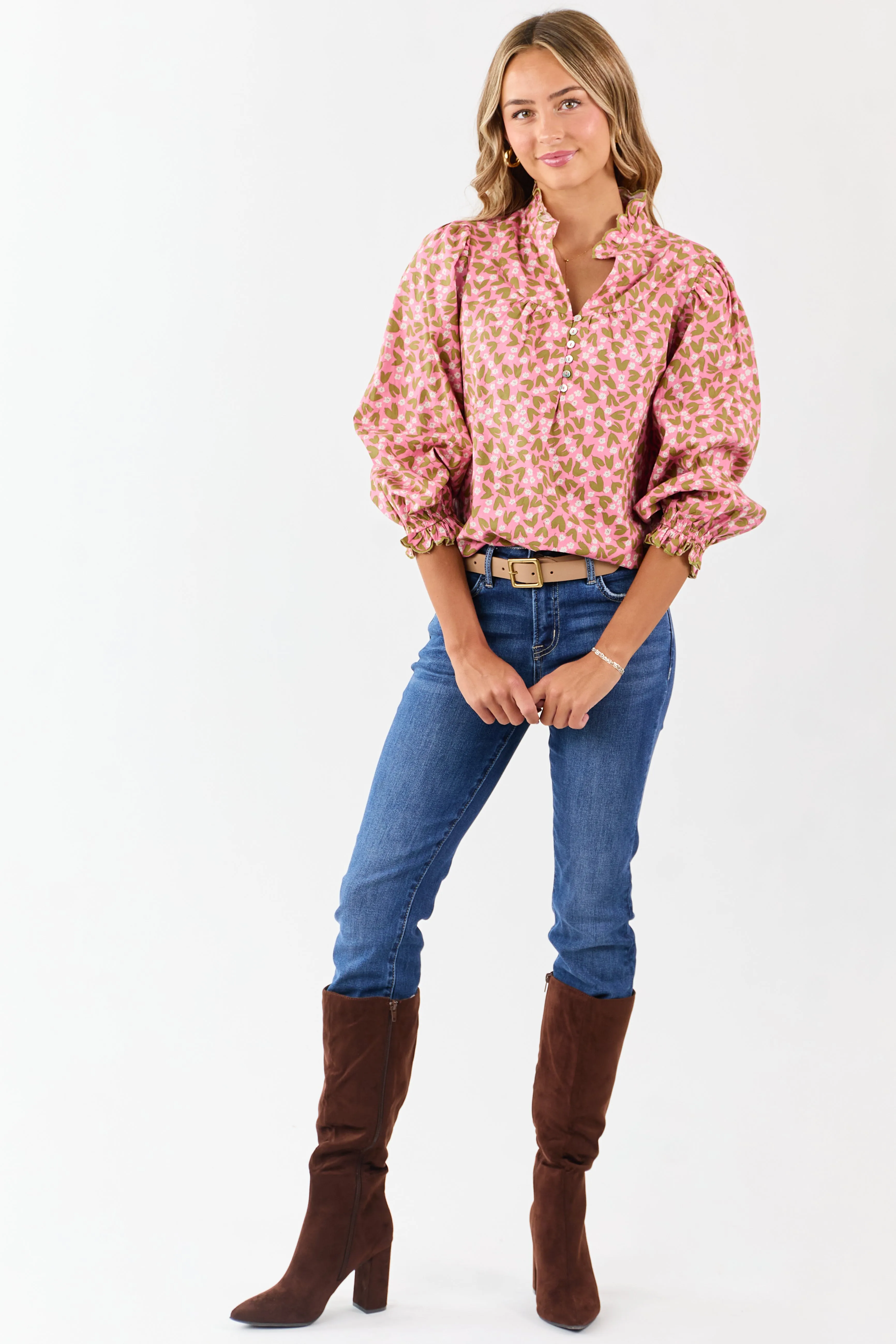 Bubblegum Cotton Floral Ruffle Trim Long Sleeve Top sold by Lime Lush product image thumbnail 3