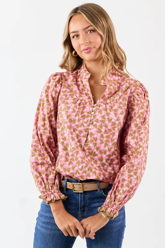 Bubblegum Cotton Floral Ruffle Trim Long Sleeve Top made by JODIFL