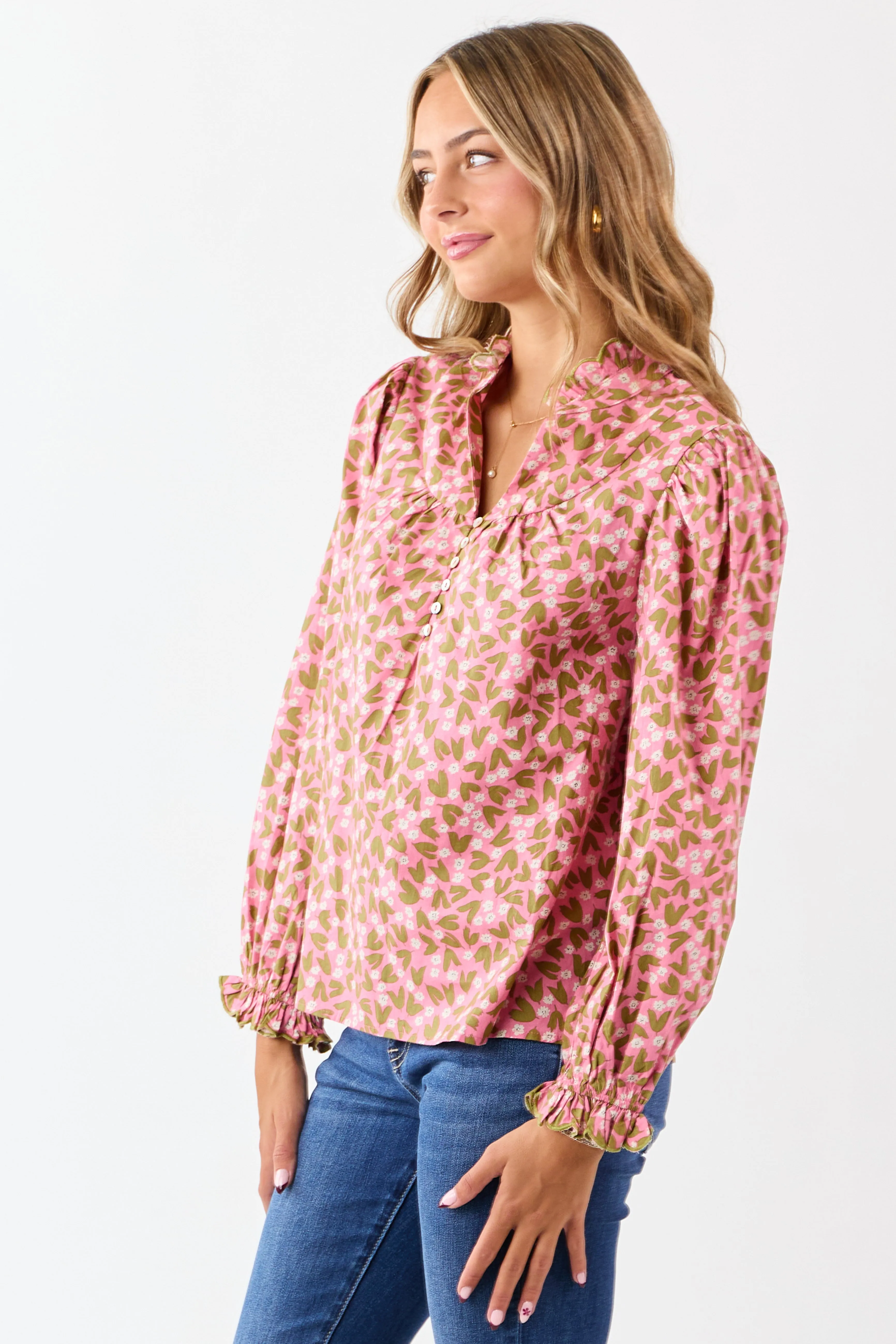 Bubblegum Cotton Floral Ruffle Trim Long Sleeve Top sold by Lime Lush product image thumbnail 4