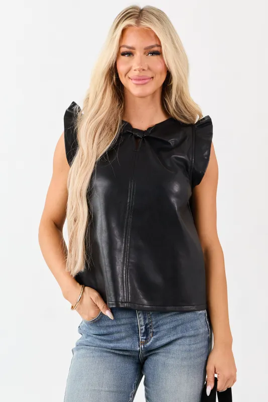 Black Faux Leather Ruffle Cap Sleeve Top sold by Lime Lush