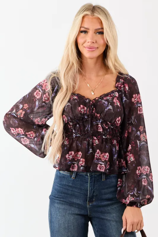 Chocolate Floral Print Long Sleeve Peplum Top sold by Lime Lush