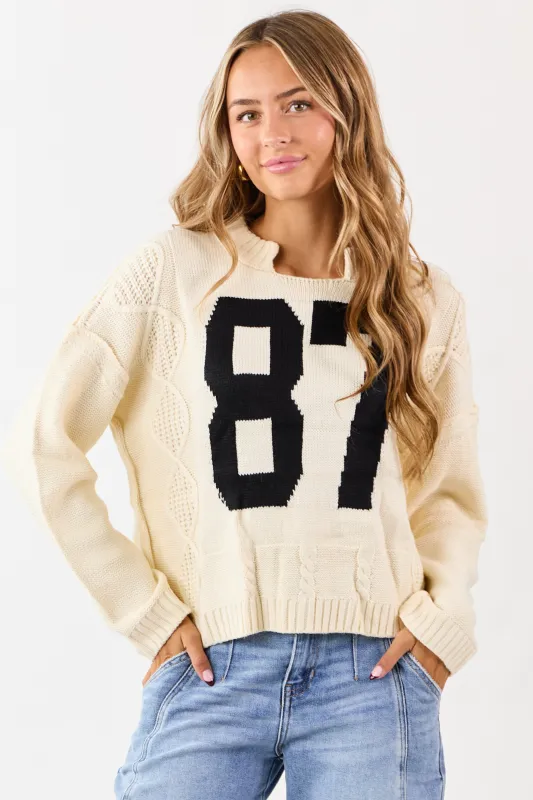 Cream Cable Knit Retro '87' Graphic Sweater sold by Lime Lush