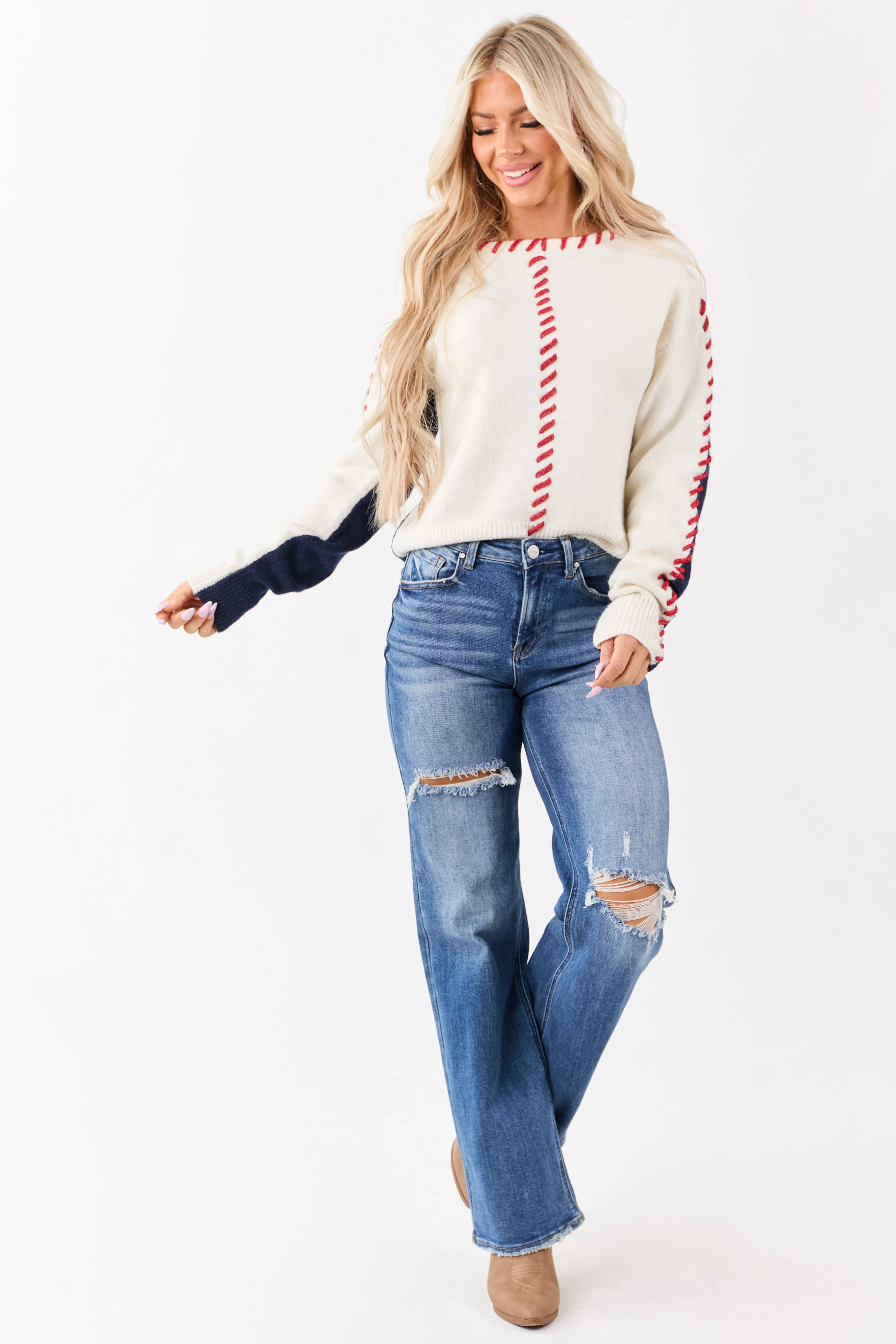 Ivory Two-Tone Whip Stitch Rib Knit Sweater sold by Lime Lush product image thumbnail 3