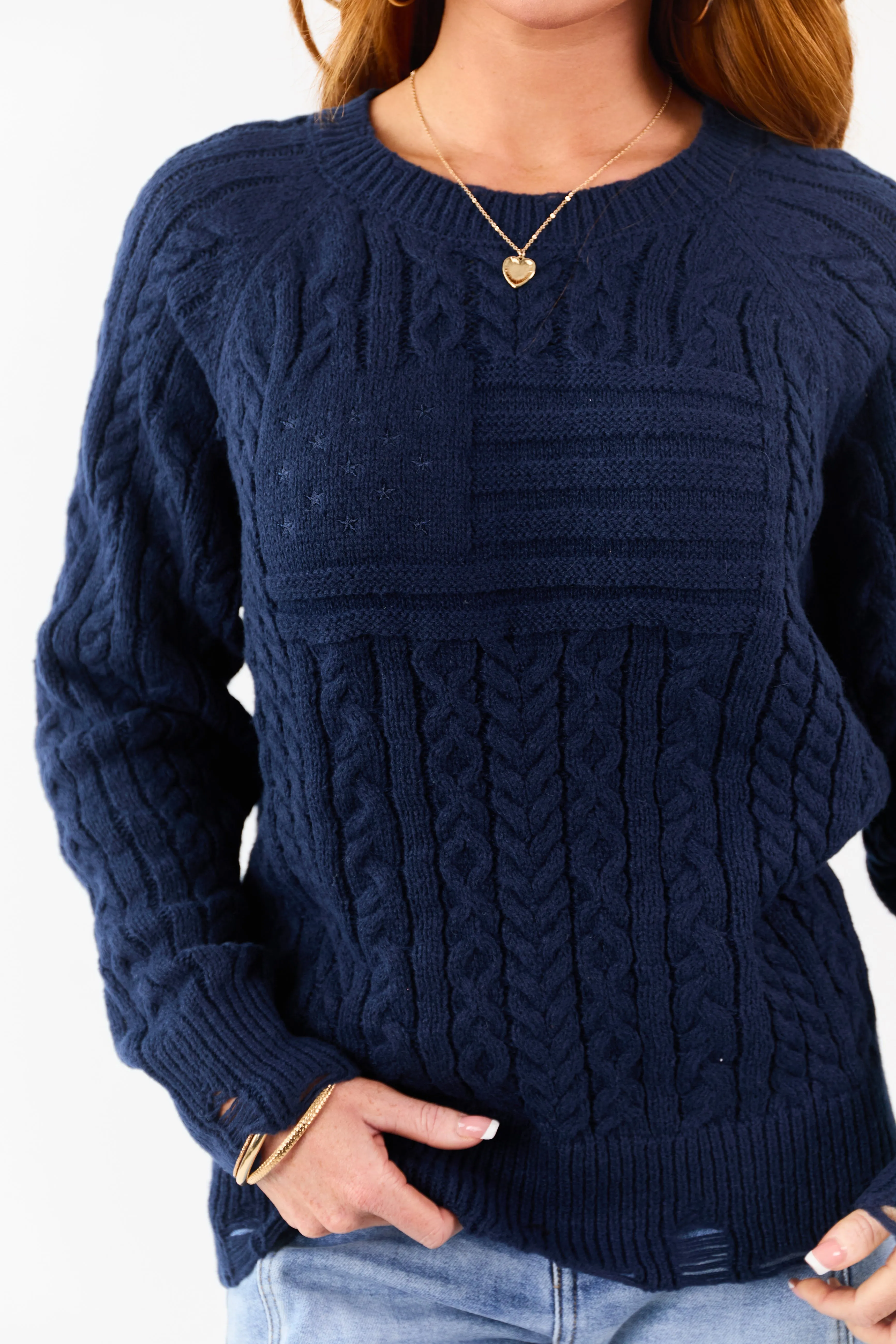 Lovelo Navy Cable Knit American Flag Detail Sweater sold by Lime Lush product image thumbnail 2