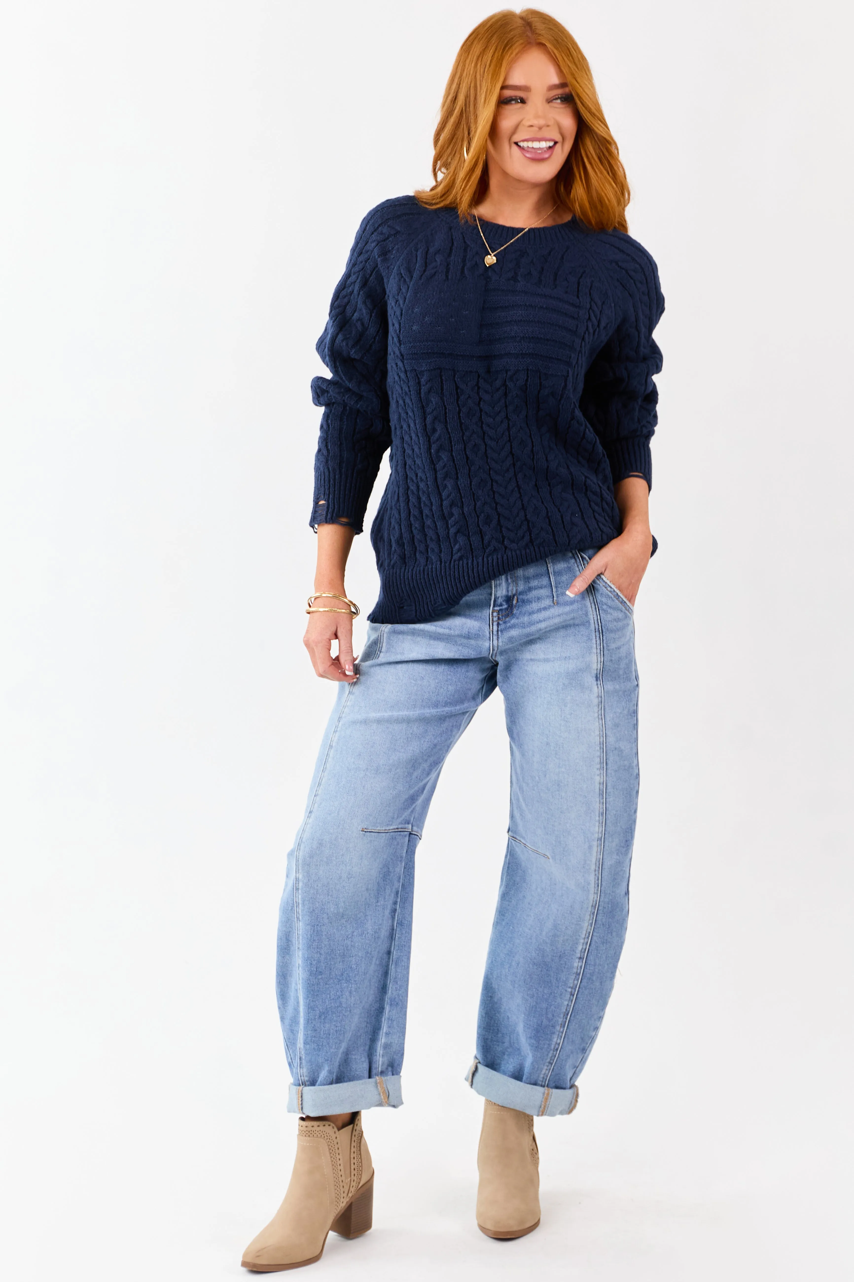 Lovelo Navy Cable Knit American Flag Detail Sweater sold by Lime Lush product image thumbnail 4