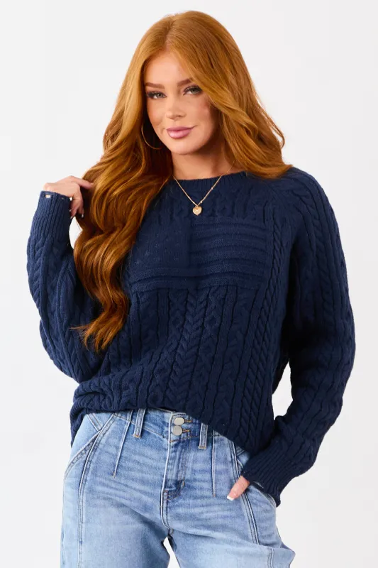 Lovelo Navy Cable Knit American Flag Detail Sweater sold by Lime Lush