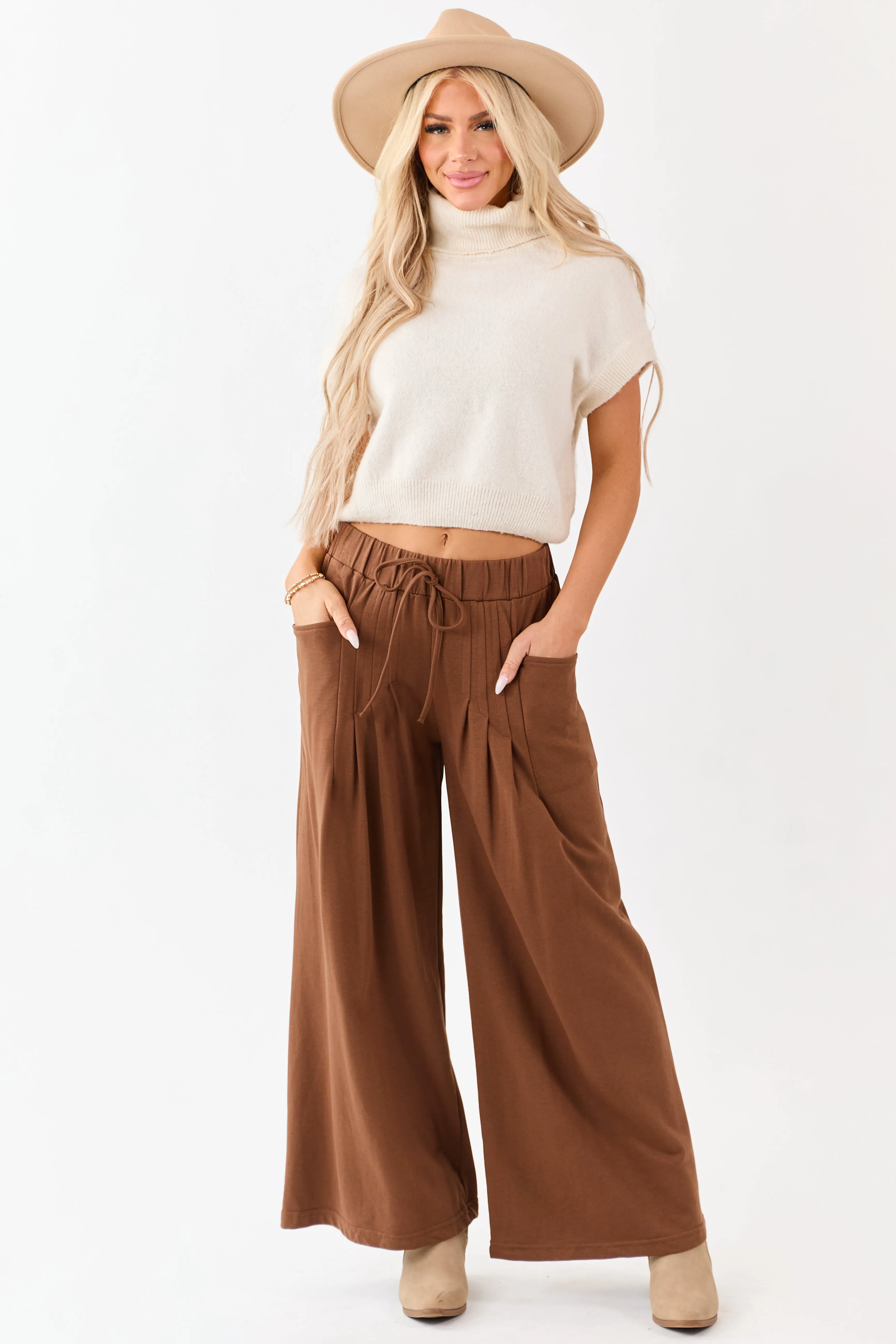 Coffee Wide Leg Pleated Waist Knit Sweatpants sold by Lime Lush product image thumbnail 5