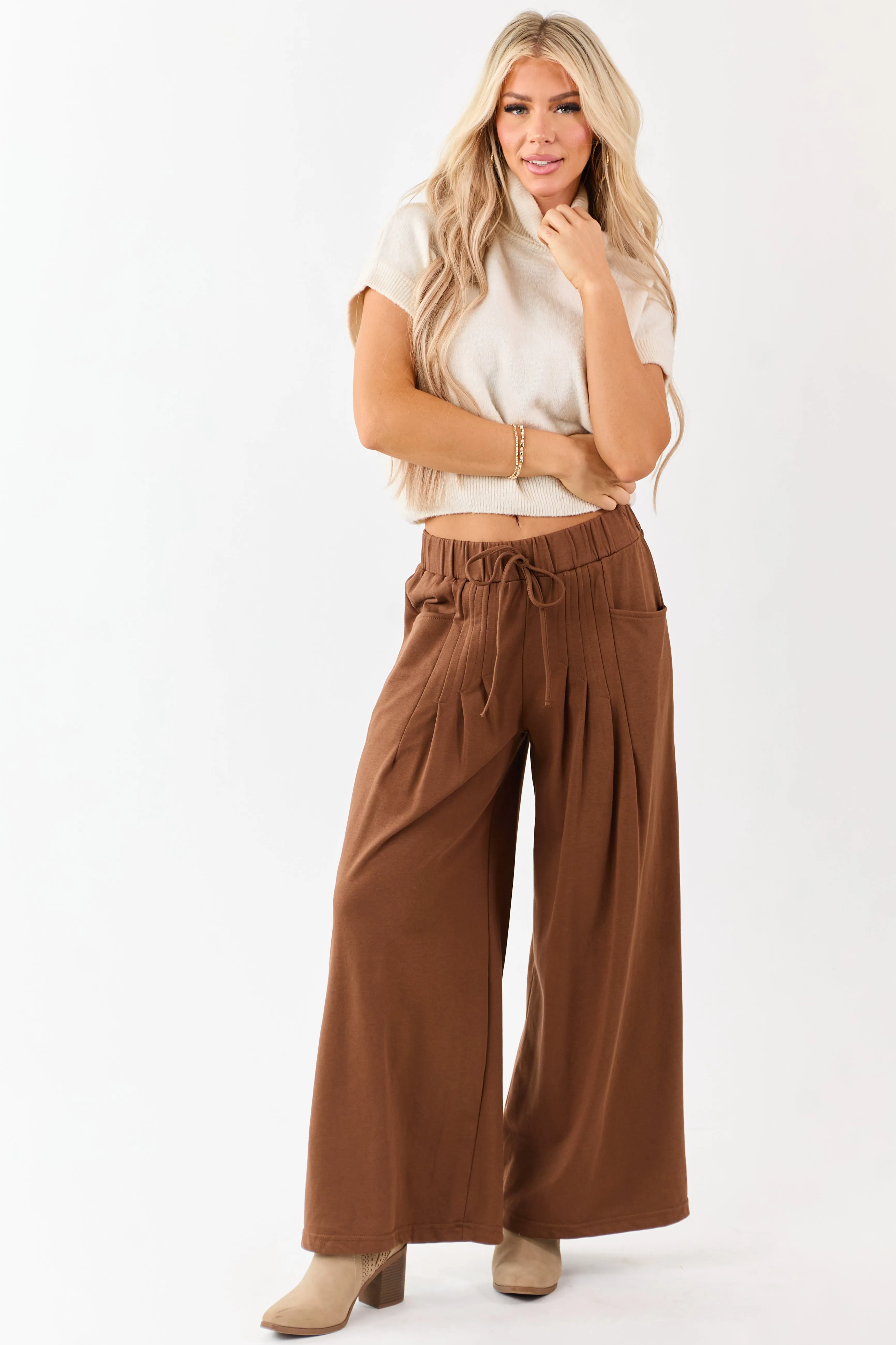 Coffee Wide Leg Pleated Waist Knit Sweatpants sold by Lime Lush
