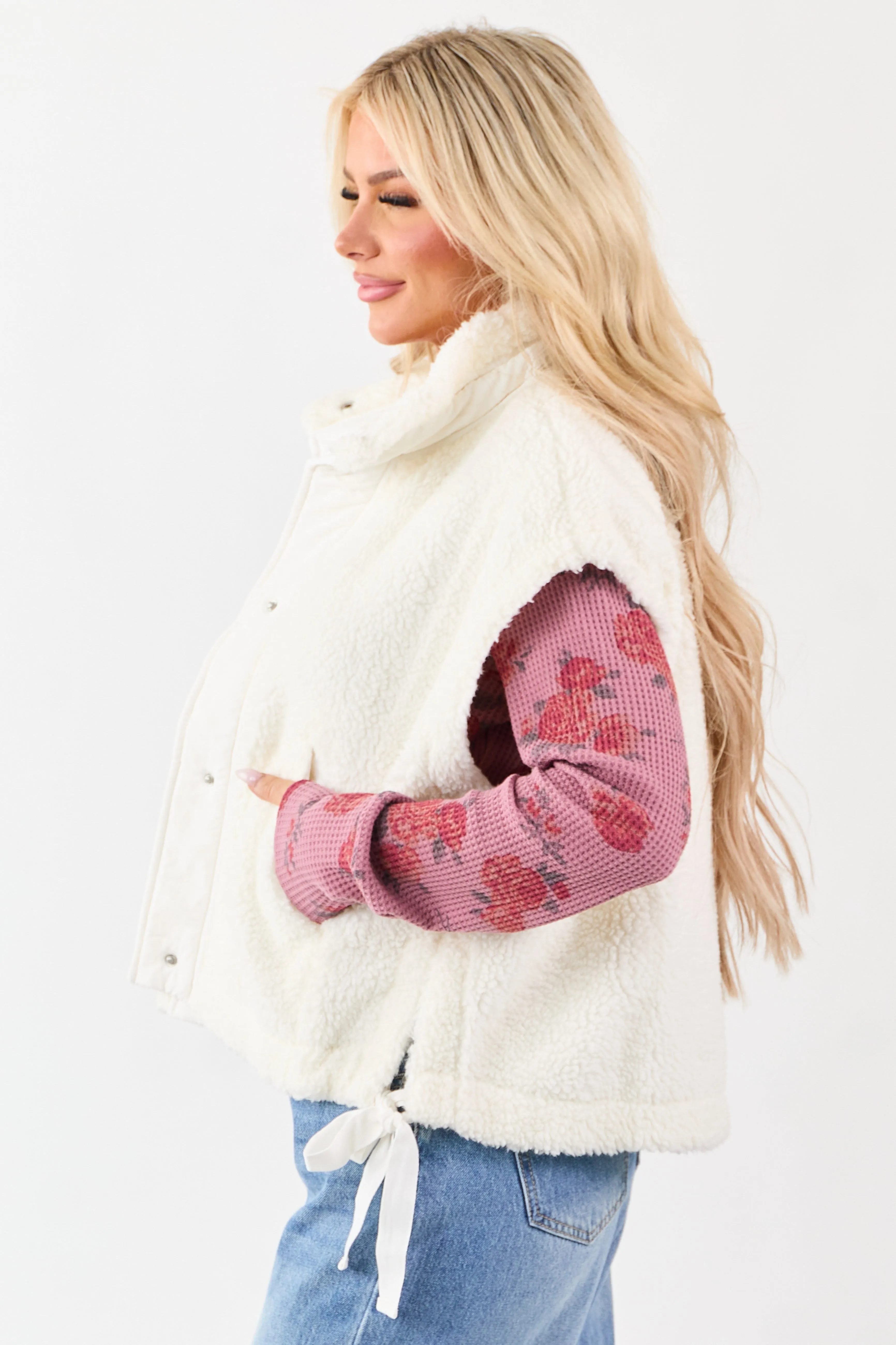 Cream Sherpa Button Down Side Tie Vest sold by Lime Lush product image thumbnail 4