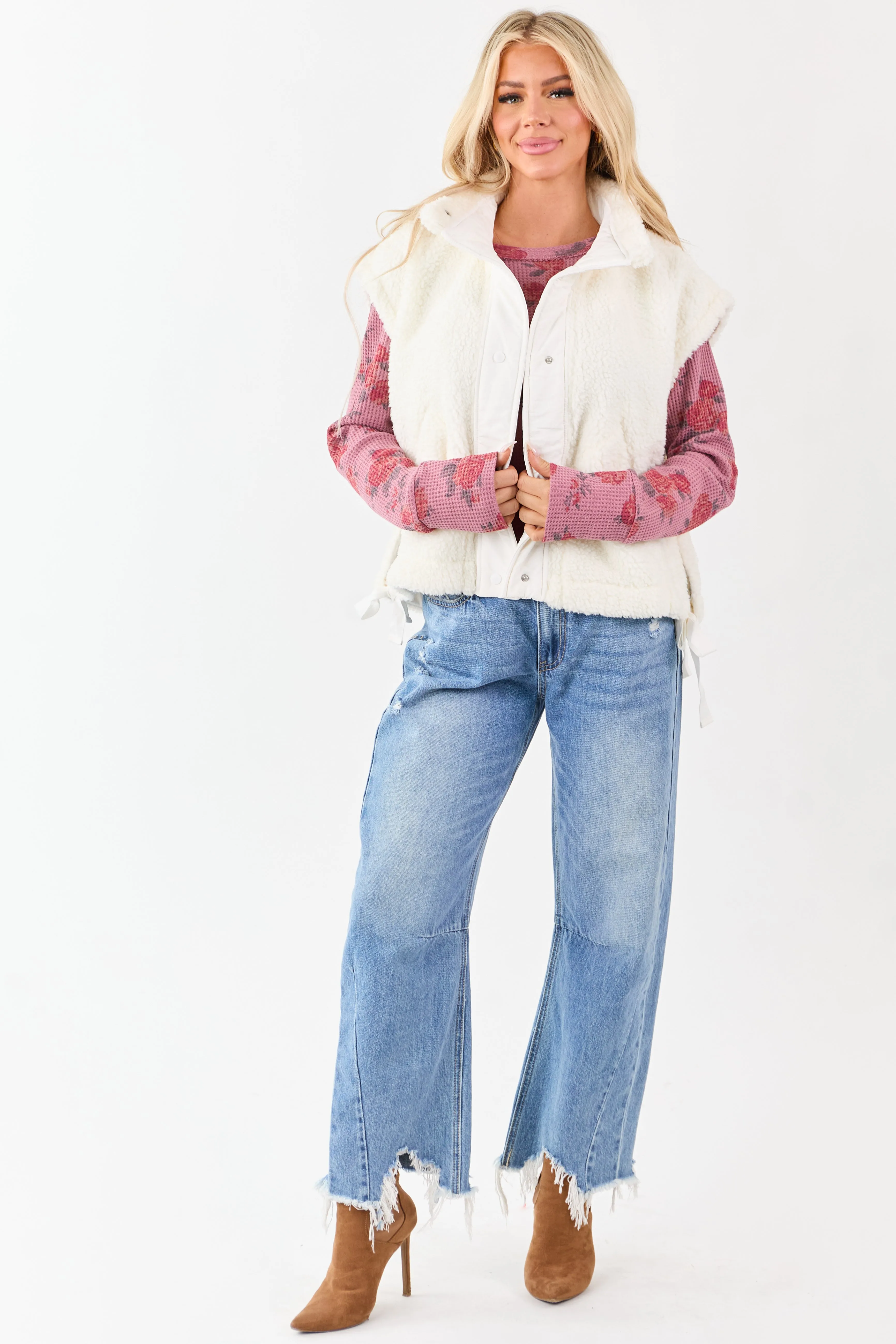 Cream Sherpa Button Down Side Tie Vest sold by Lime Lush product image thumbnail 2