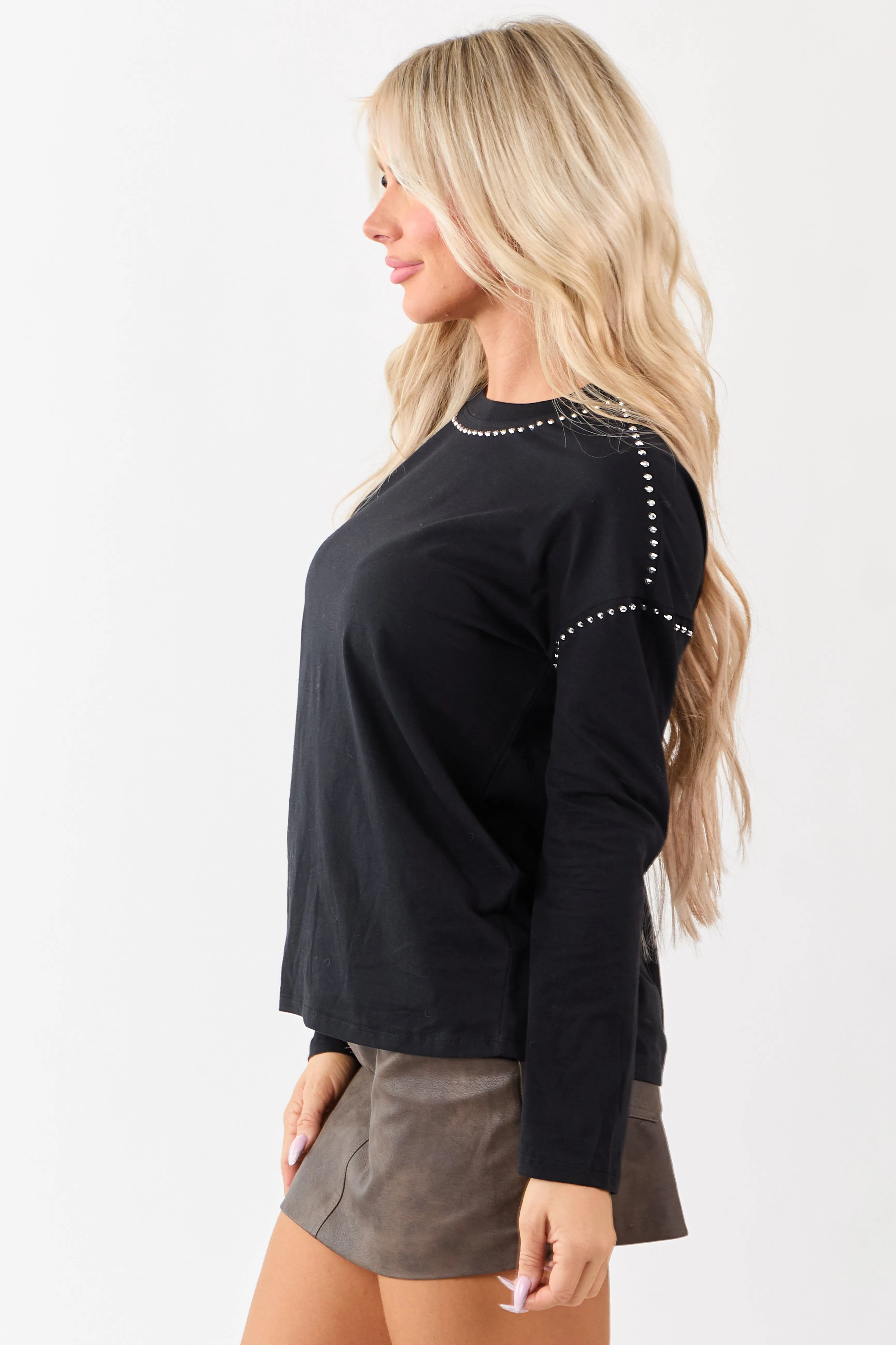 Black Rhinestone Stud Detail Knit Long Sleeve Top sold by Lime Lush product image thumbnail 5