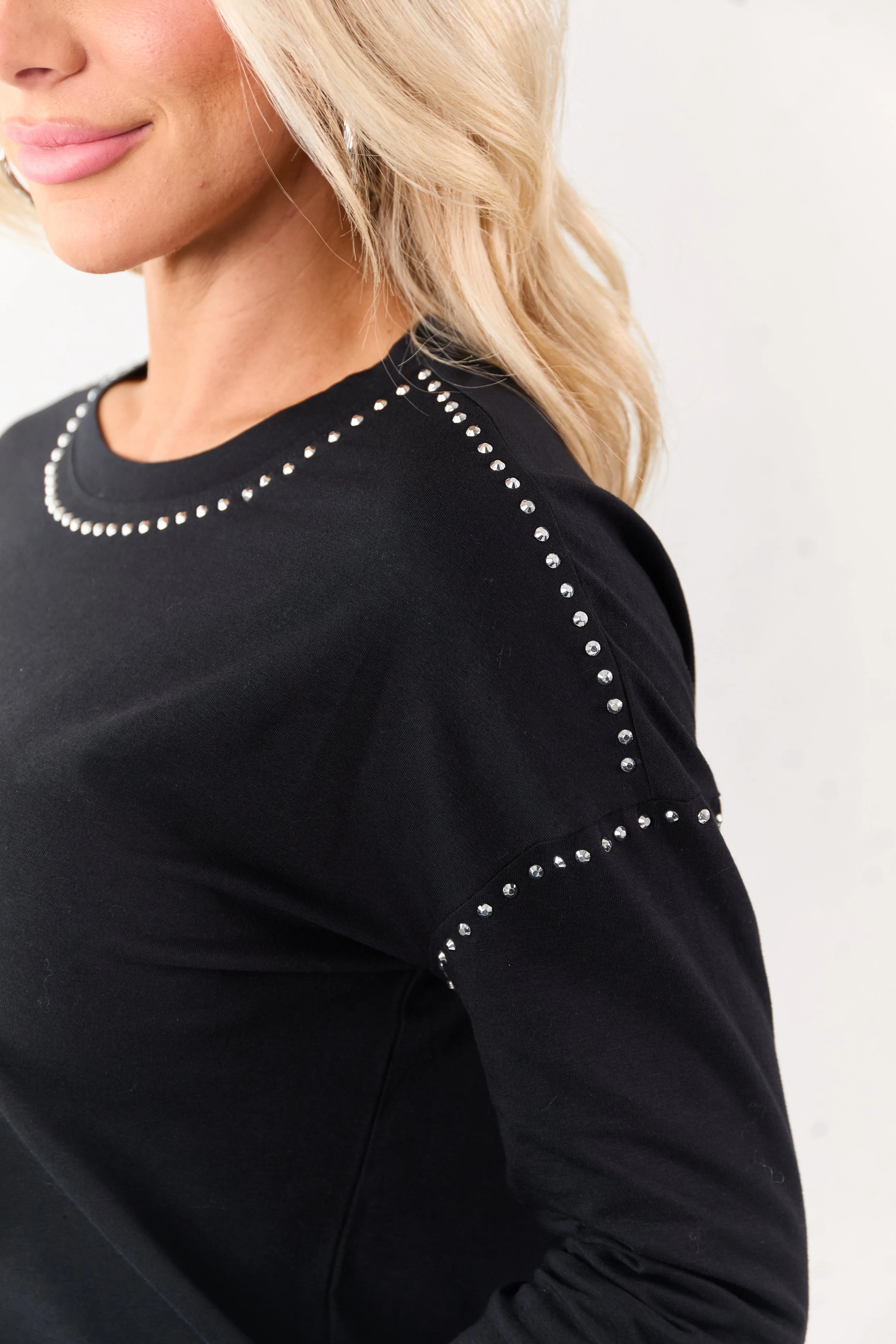 Black Rhinestone Stud Detail Knit Long Sleeve Top sold by Lime Lush product image thumbnail 2
