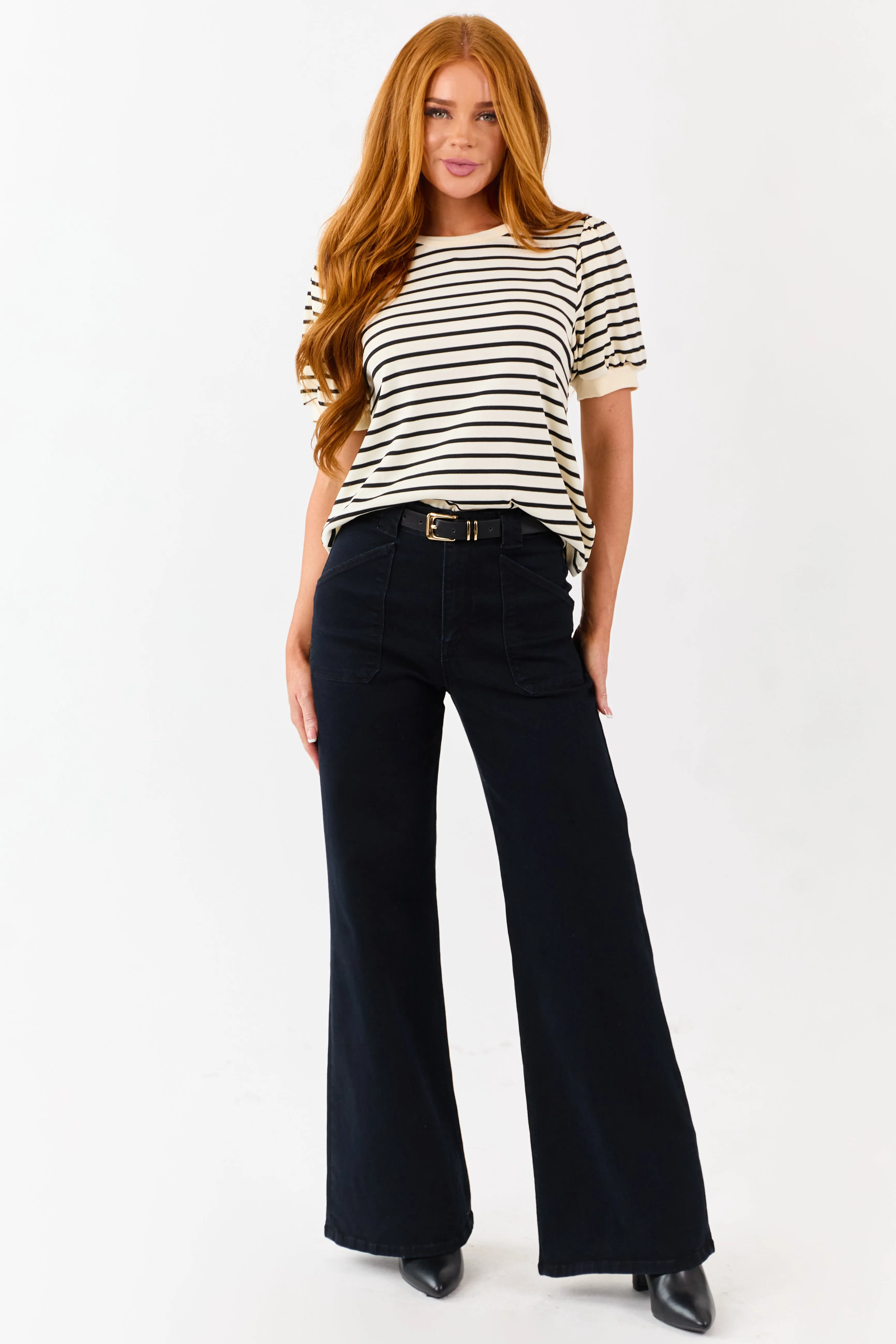 Cream and Black Striped Puffed Short Sleeve Top sold by Lime Lush product image thumbnail 2