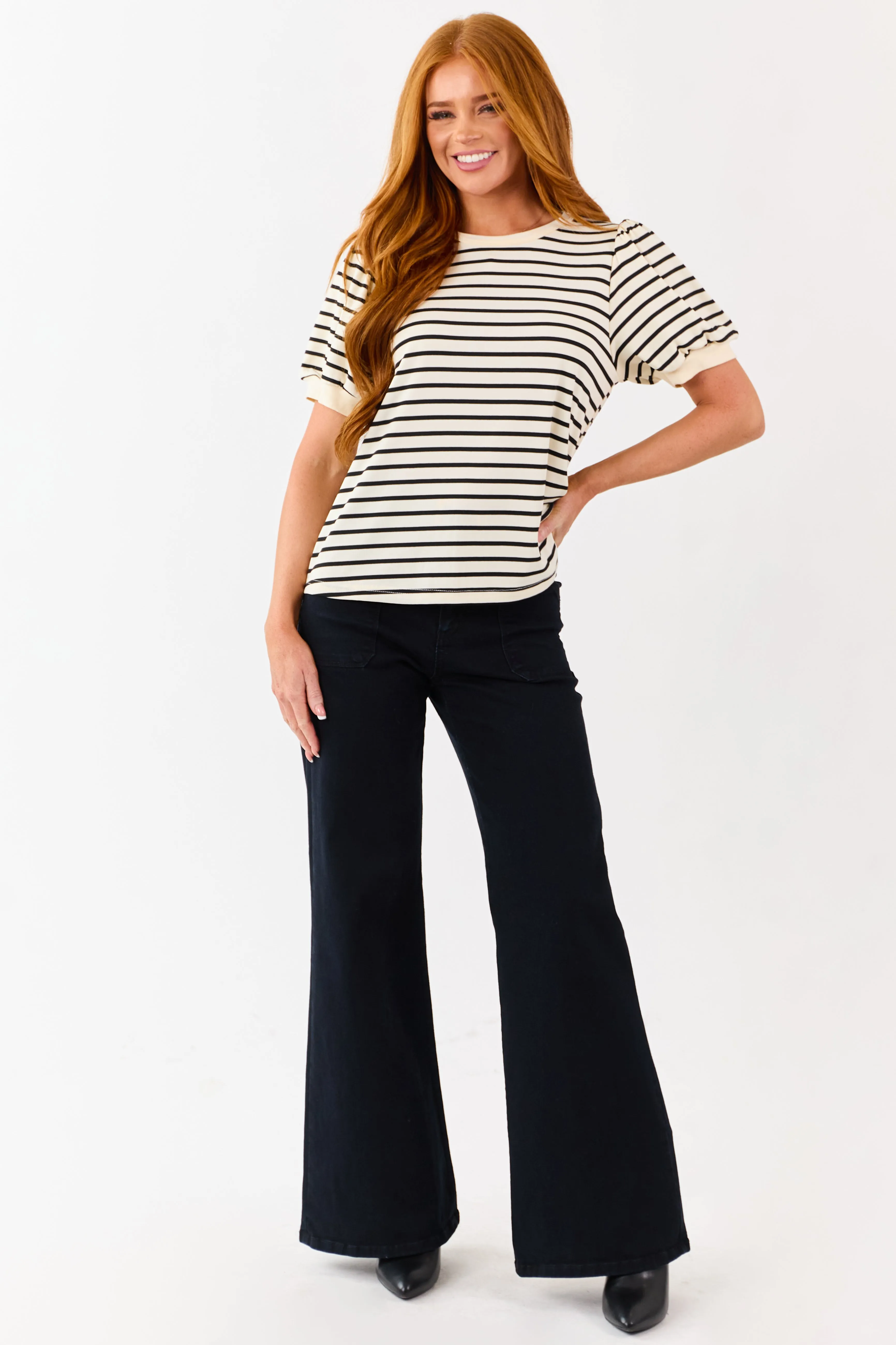 Cream and Black Striped Puffed Short Sleeve Top sold by Lime Lush product image thumbnail 4
