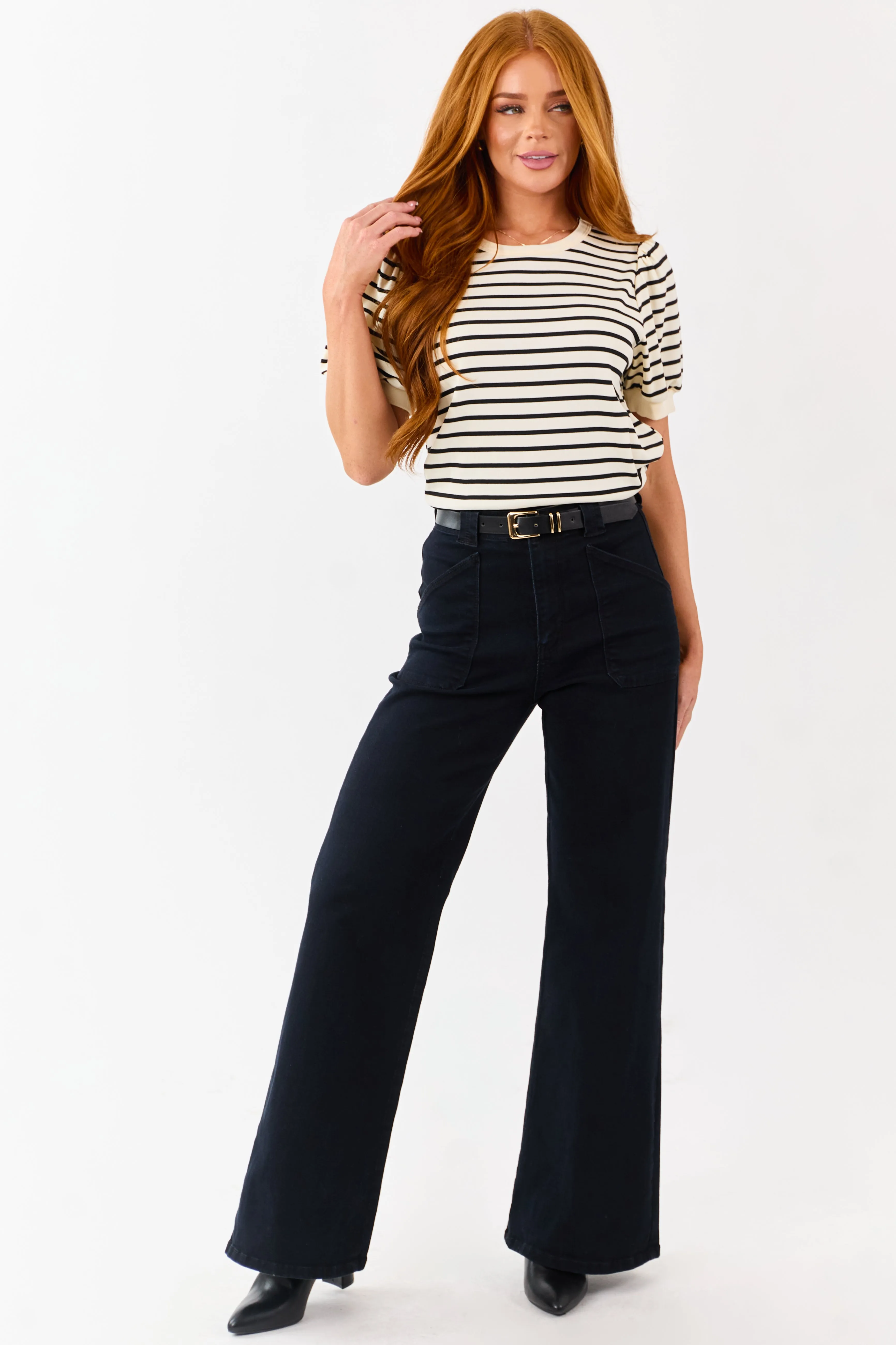 Cream and Black Striped Puffed Short Sleeve Top sold by Lime Lush product image thumbnail 3