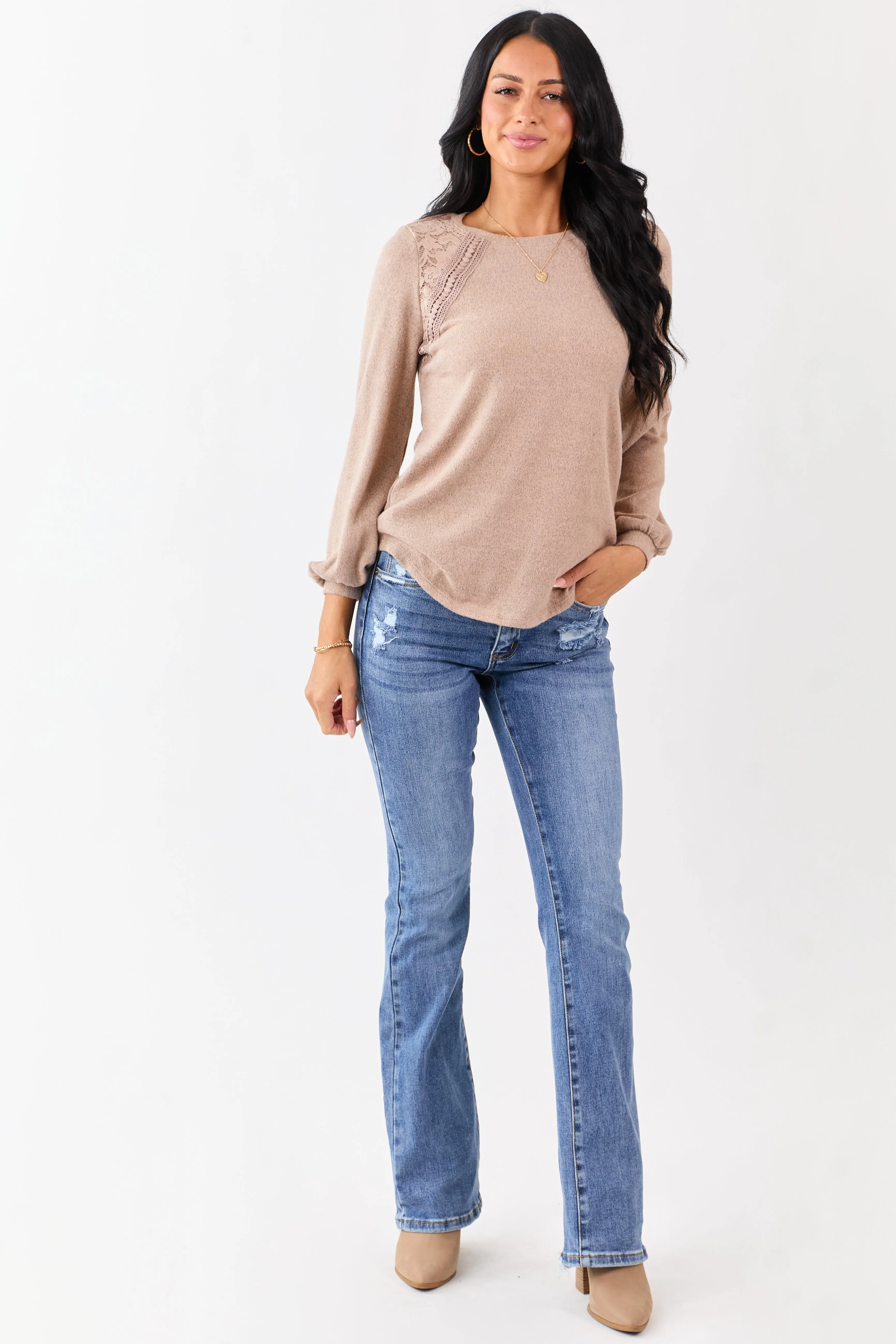 Heathered Rose Taupe Floral Lace Detail Sweater sold by Lime Lush product image thumbnail 2