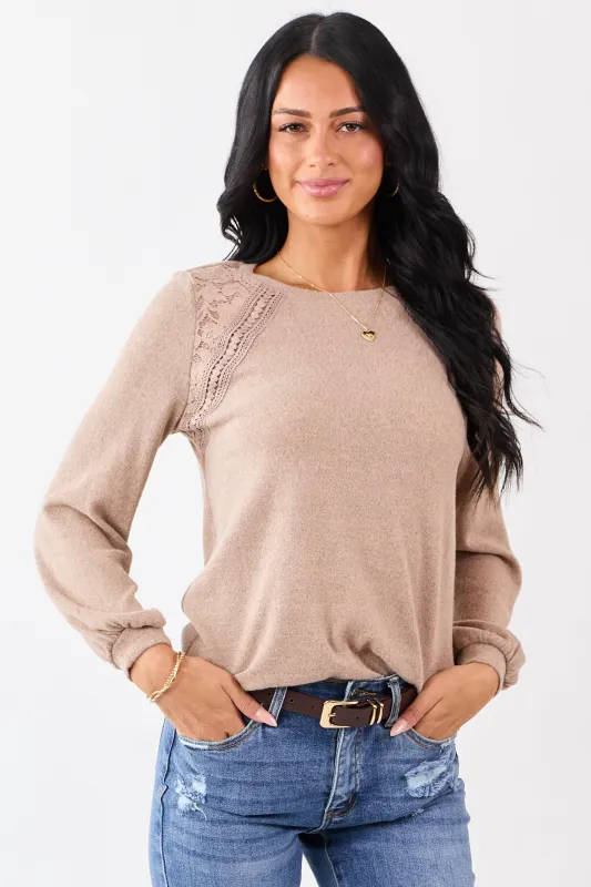 Heathered Rose Taupe Floral Lace Detail Sweater sold by Lime Lush