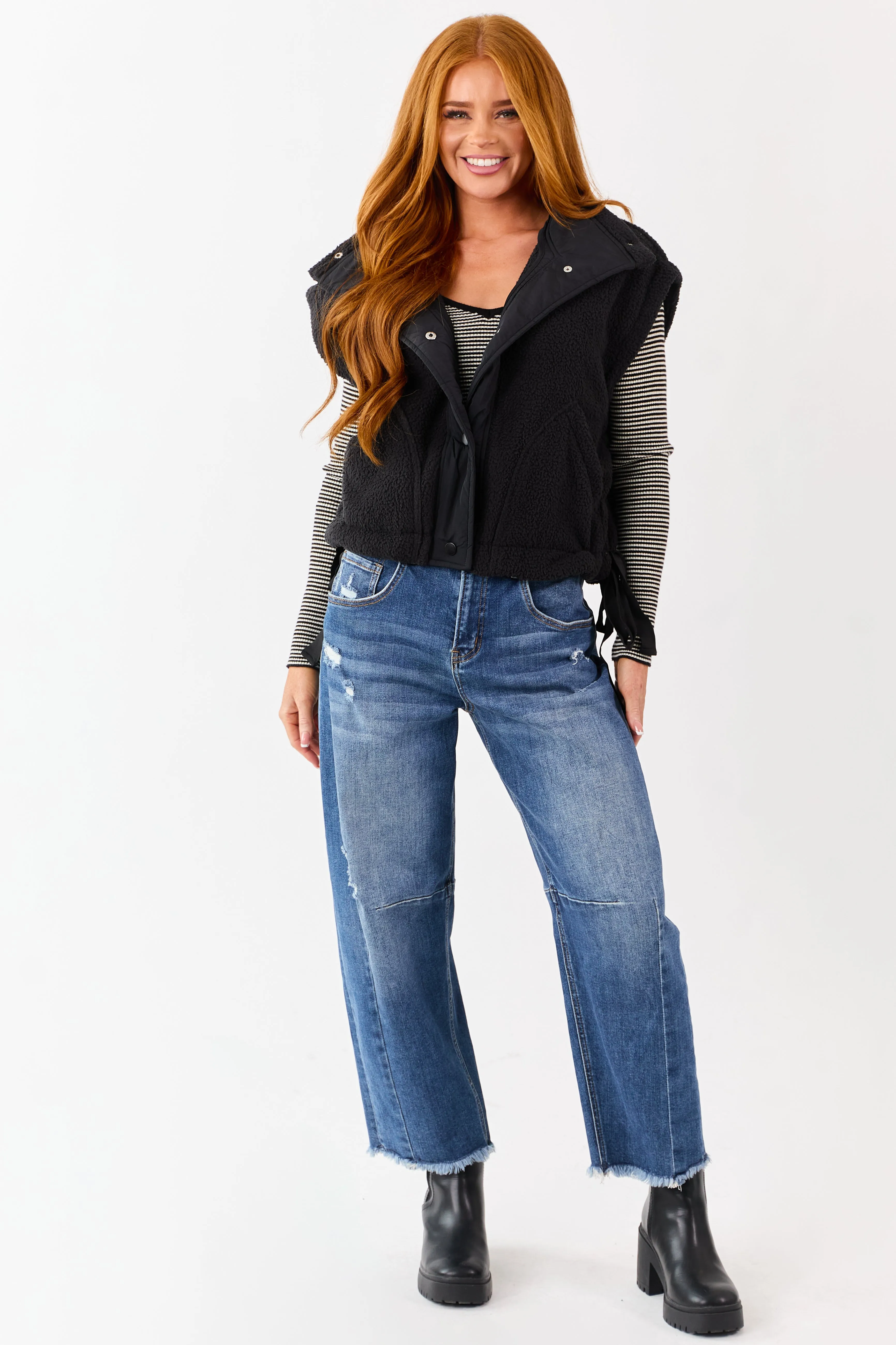 Black Sherpa Button Down Side Tie Vest sold by Lime Lush product image thumbnail 3