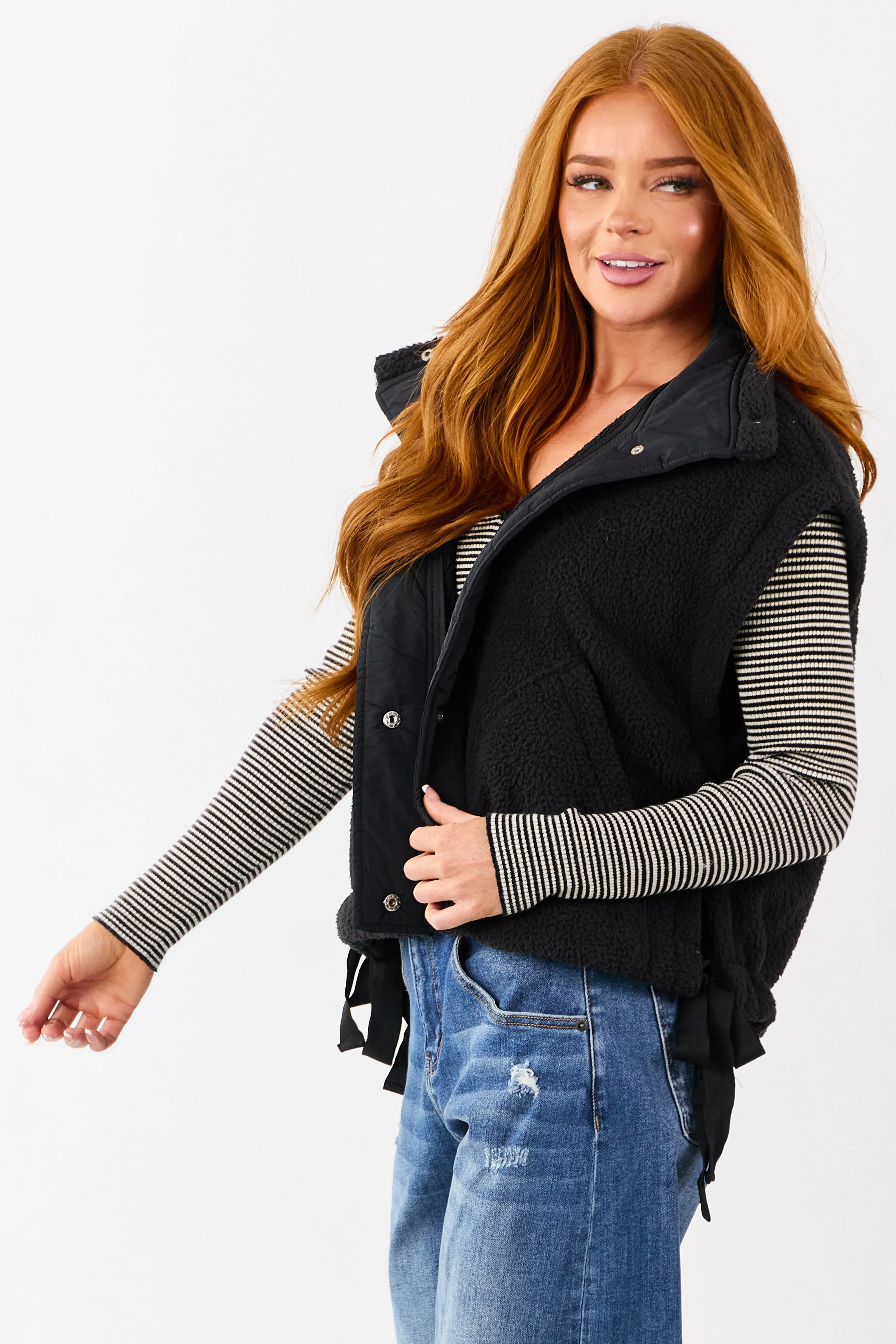 Black Sherpa Button Down Side Tie Vest sold by Lime Lush product image thumbnail 4