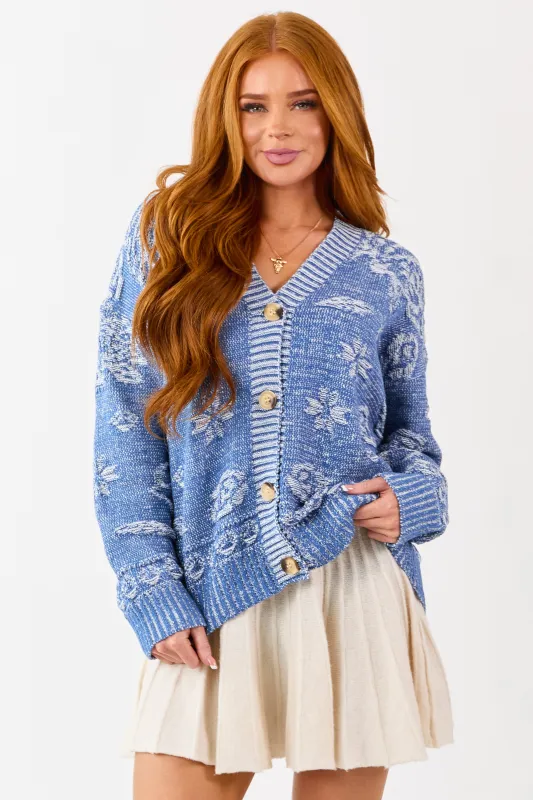 Sapphire Textured Floral Rib Trim Sweater Cardigan sold by Lime Lush