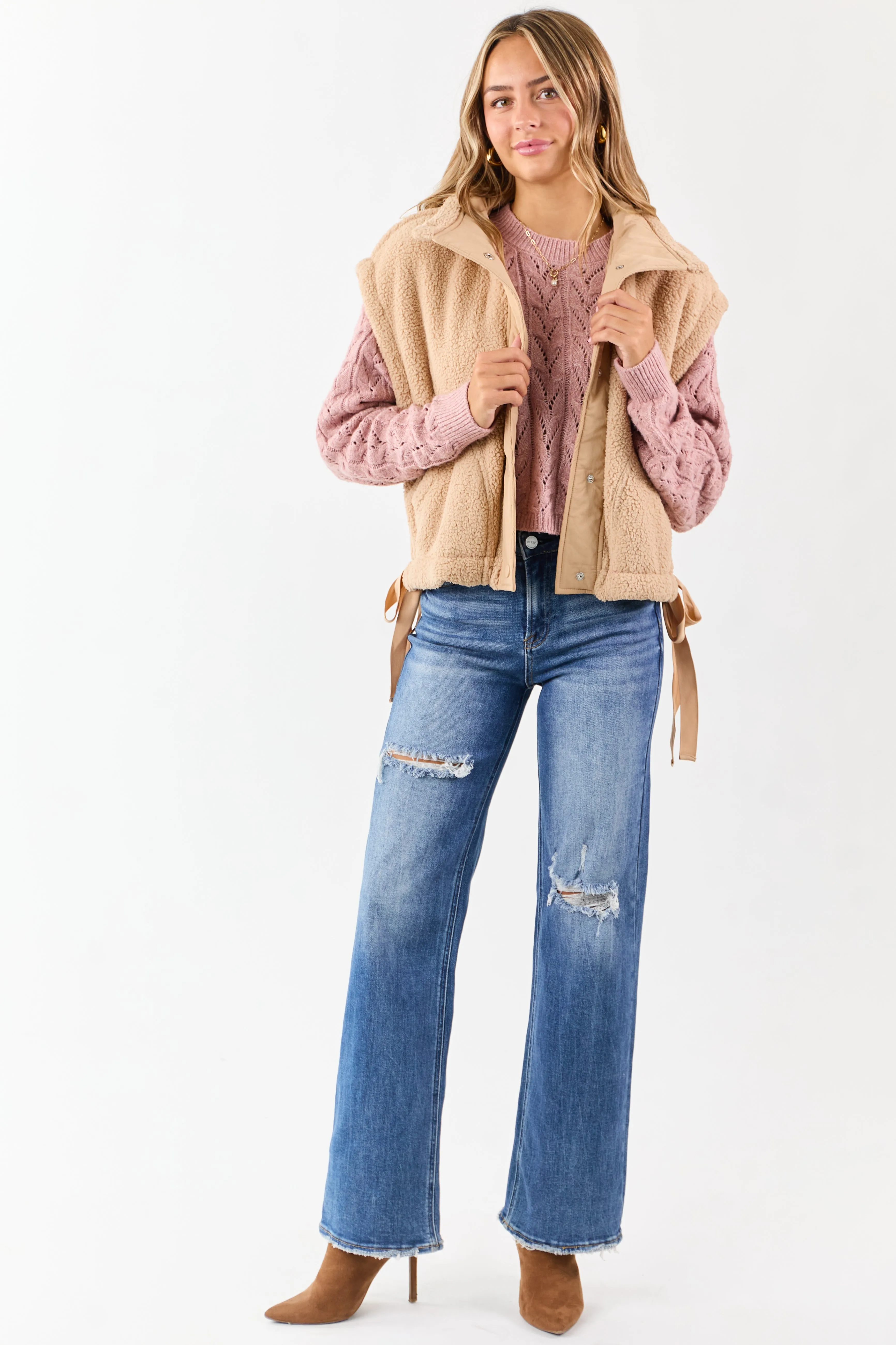 Camel Sherpa Button Down Side Tie Vest sold by Lime Lush product image thumbnail 3