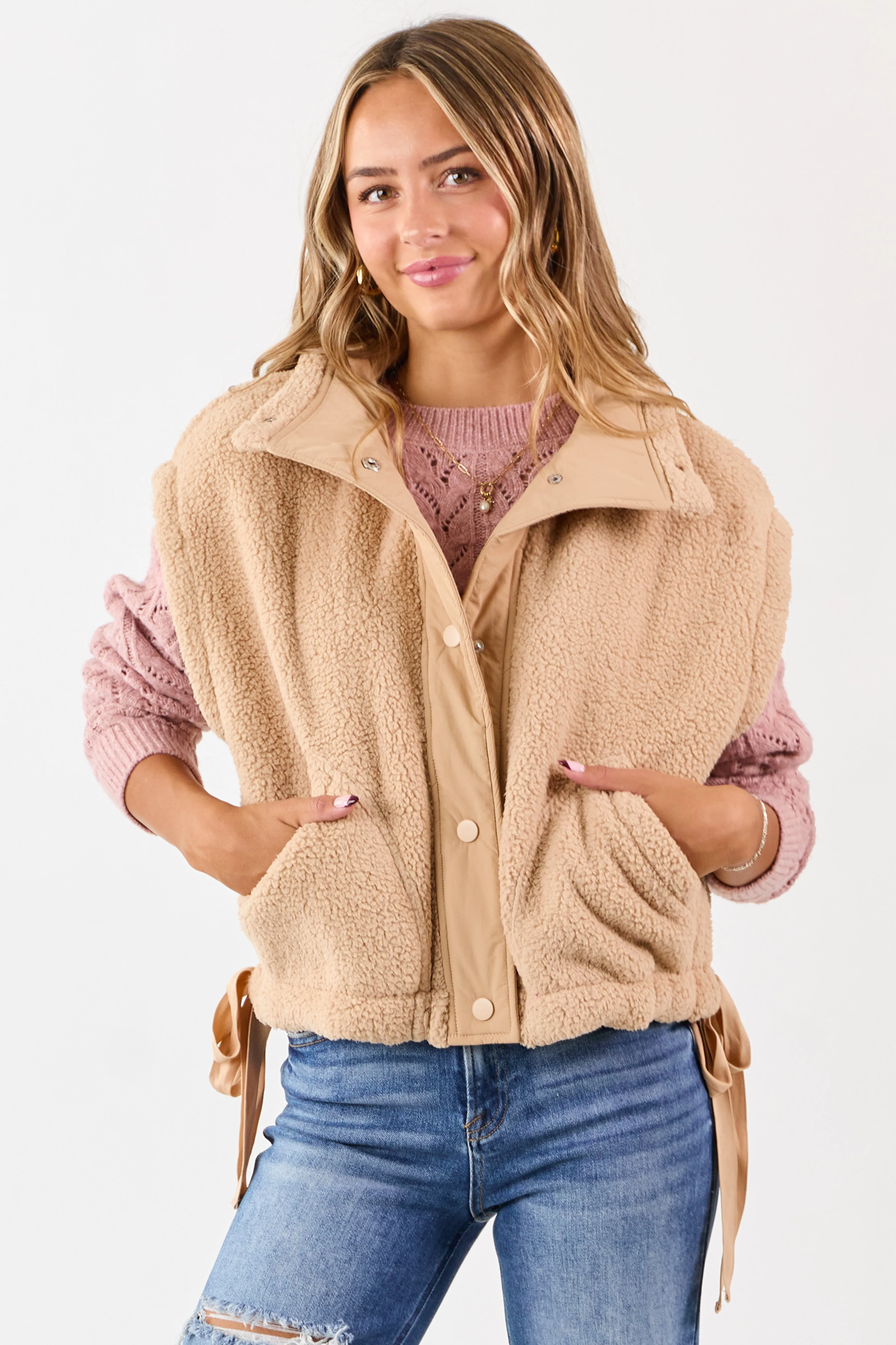 Camel Sherpa Button Down Side Tie Vest sold by Lime Lush
