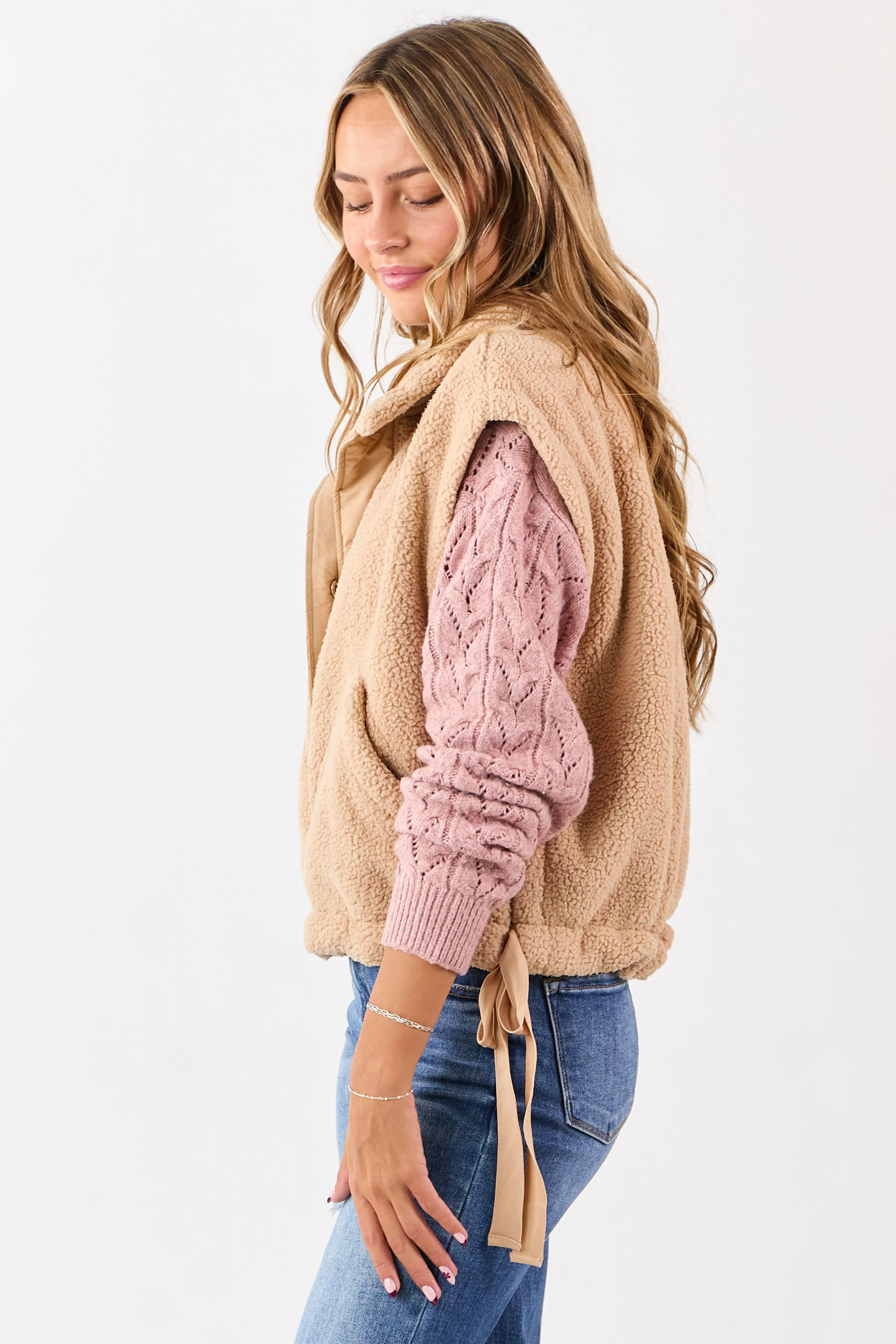 Camel Sherpa Button Down Side Tie Vest sold by Lime Lush product image thumbnail 4