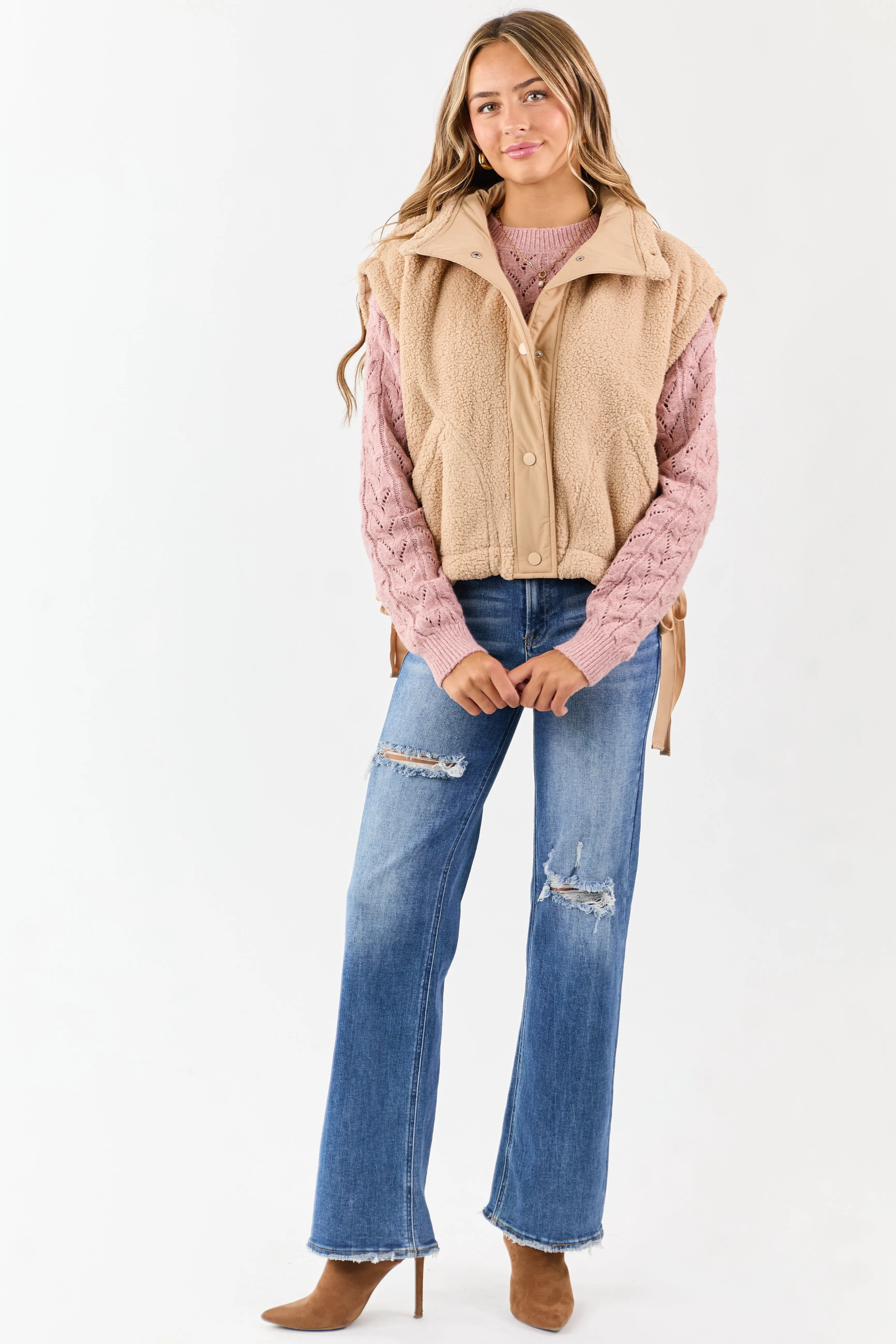 Camel Sherpa Button Down Side Tie Vest sold by Lime Lush product image thumbnail 2
