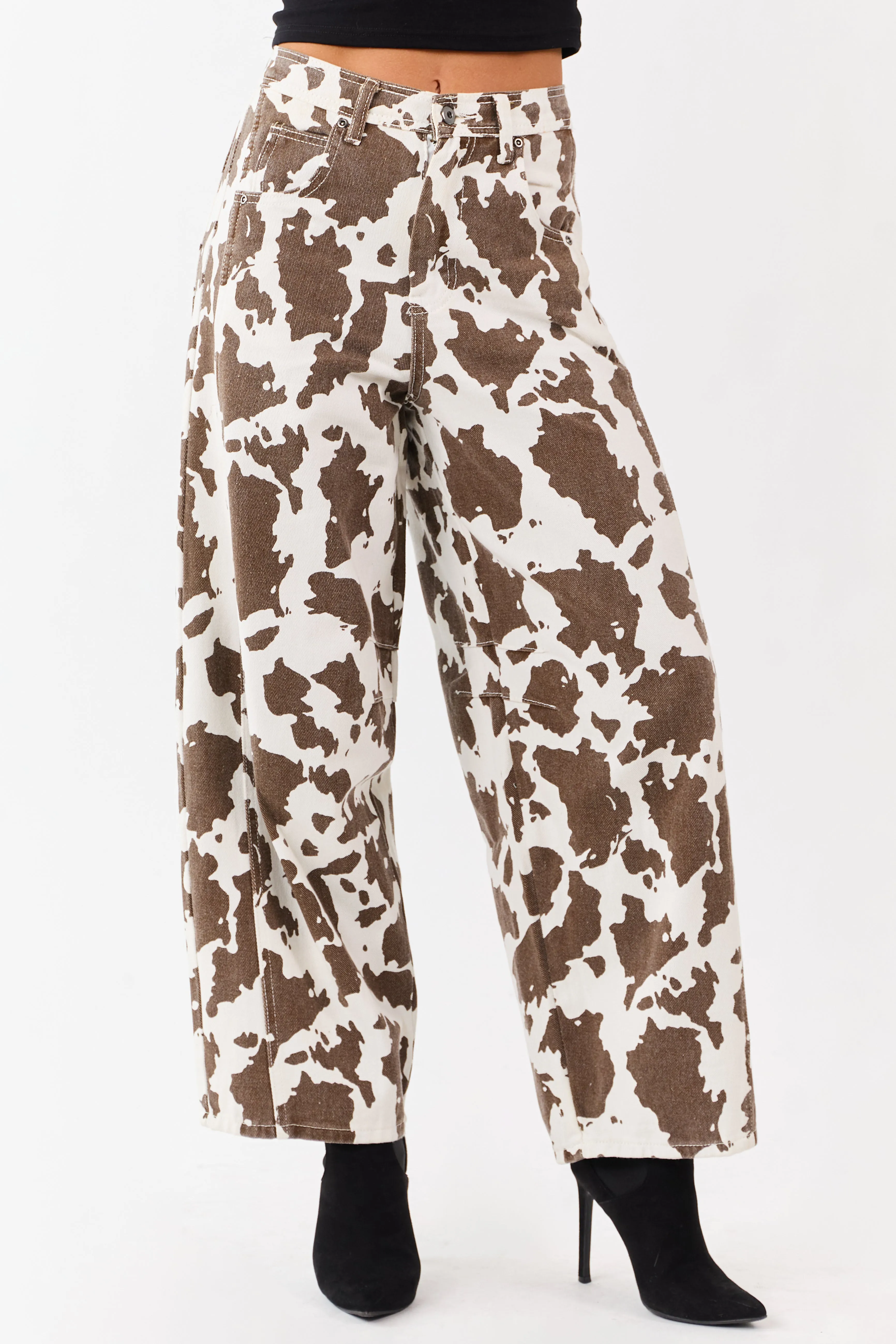 Ivory and Cocoa Washed Cow Print Barrel Jeans sold by Lime Lush product image thumbnail 2