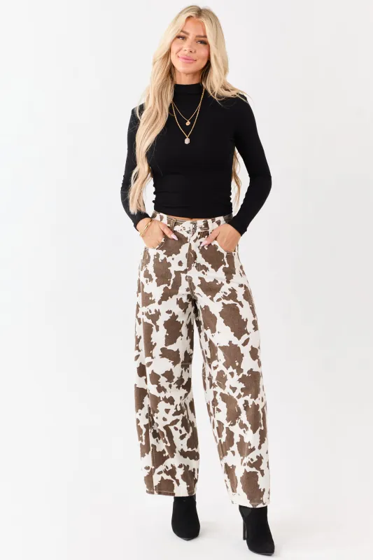 Ivory and Cocoa Washed Cow Print Barrel Jeans sold by Lime Lush