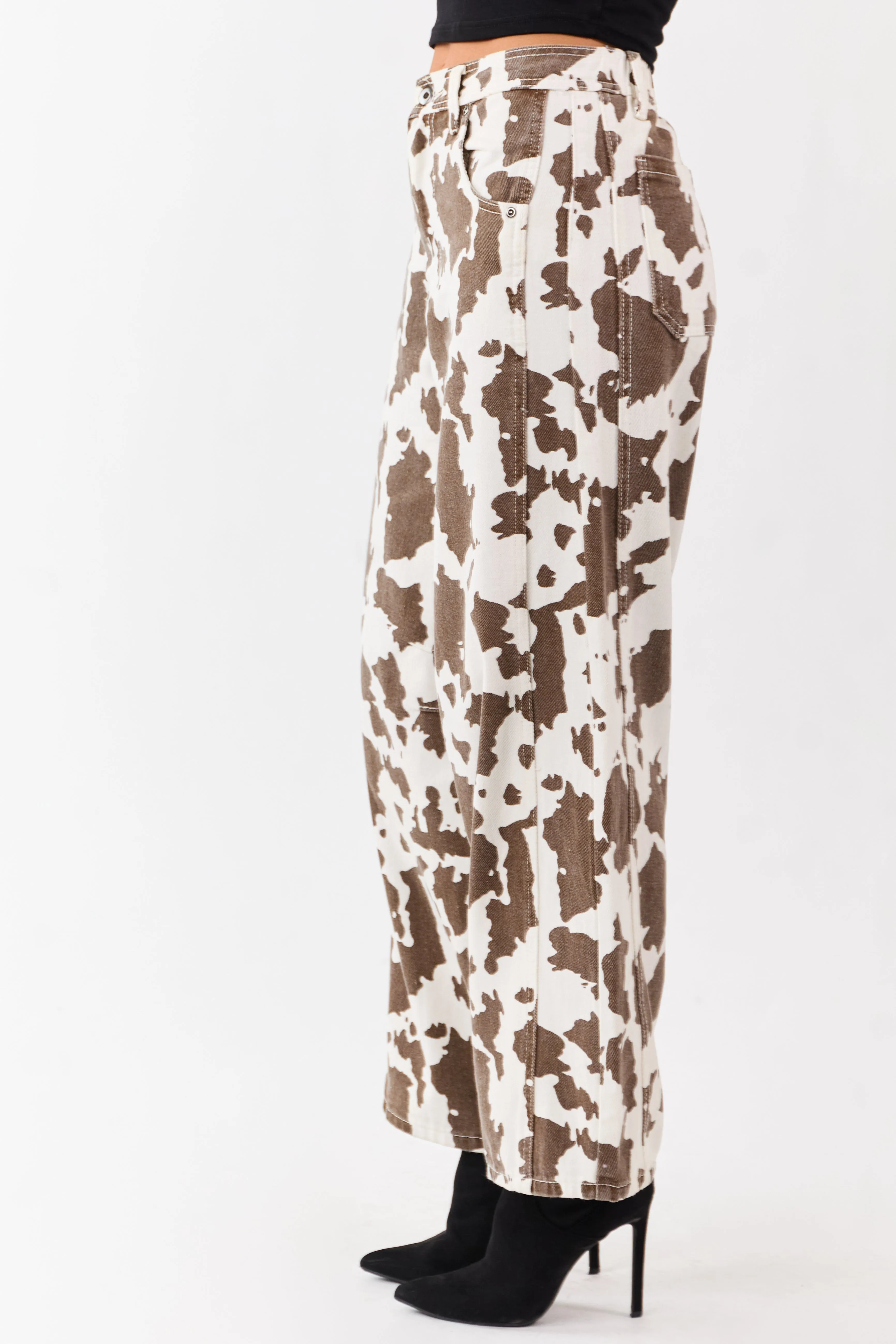Ivory and Cocoa Washed Cow Print Barrel Jeans sold by Lime Lush product image thumbnail 3