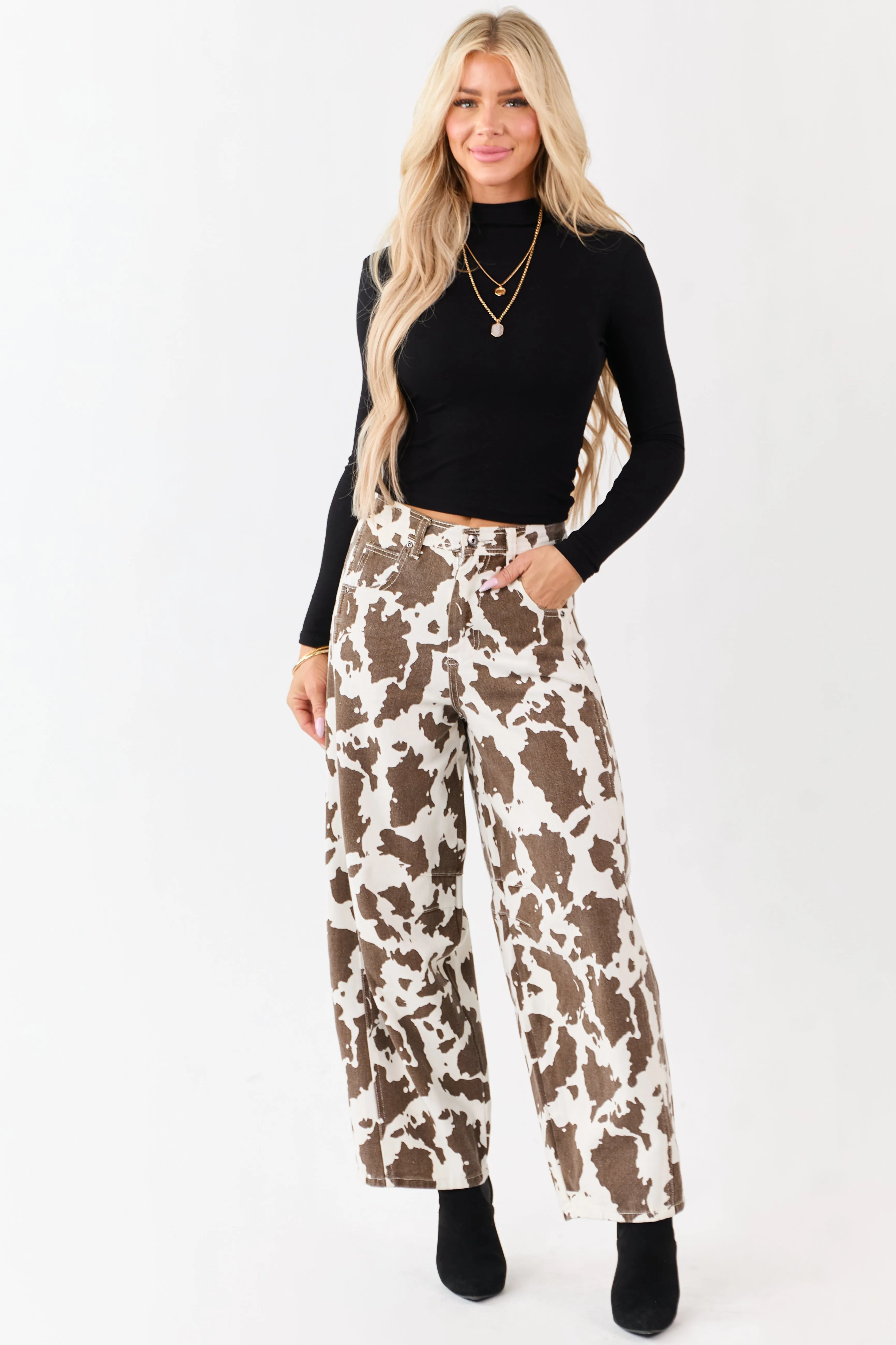 Ivory and Cocoa Washed Cow Print Barrel Jeans sold by Lime Lush product image thumbnail 5