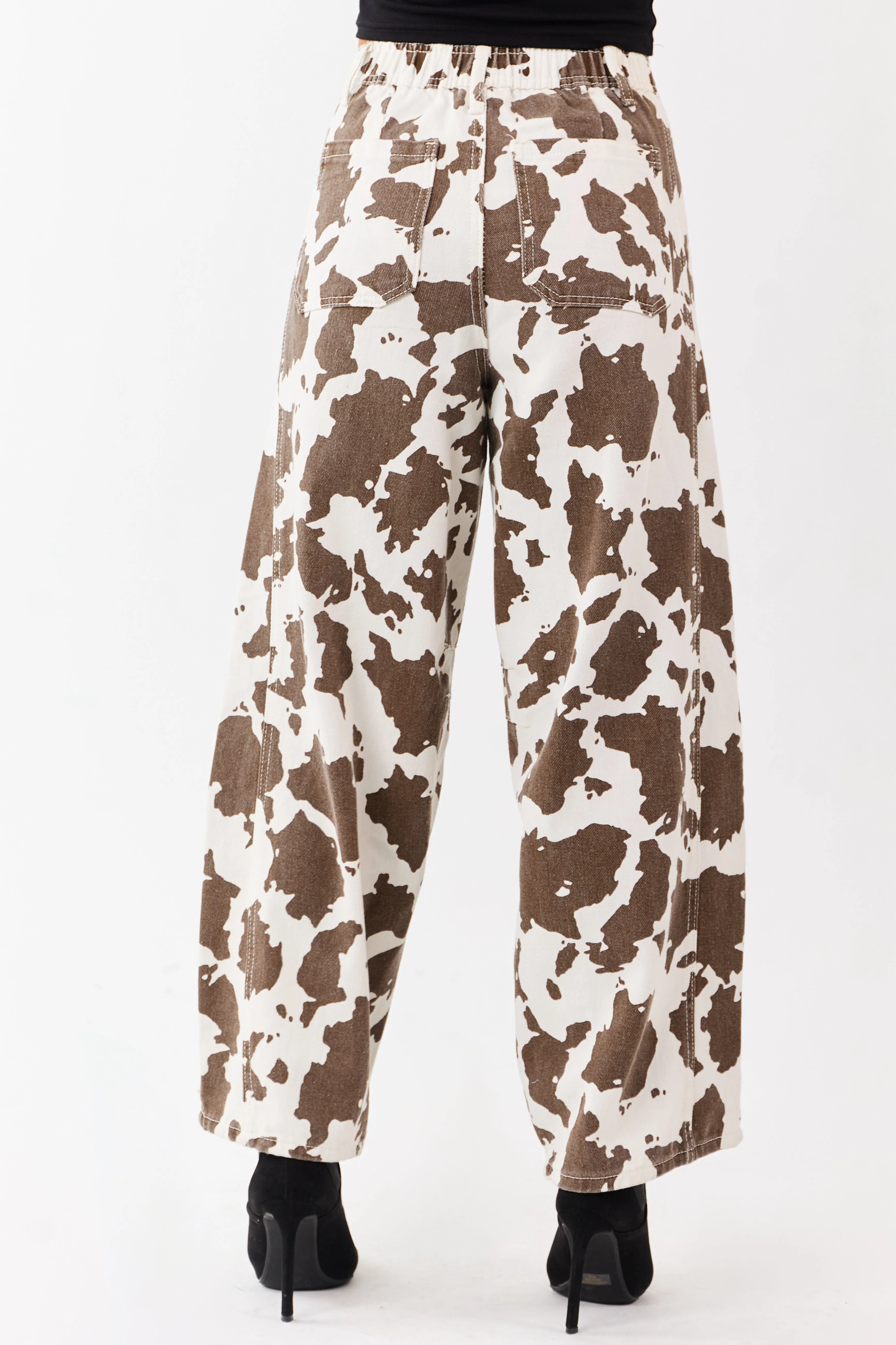 Ivory and Cocoa Washed Cow Print Barrel Jeans sold by Lime Lush product image thumbnail 4