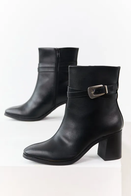 Black Faux Leather Block Heel Buckle Booties sold by Lime Lush
