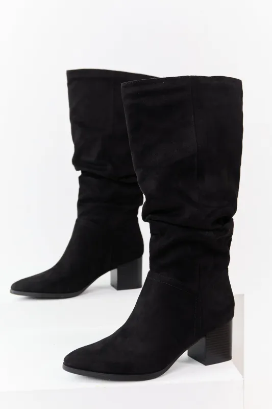 Black Microsuede Slouch Block Heel Tall Boots sold by Lime Lush
