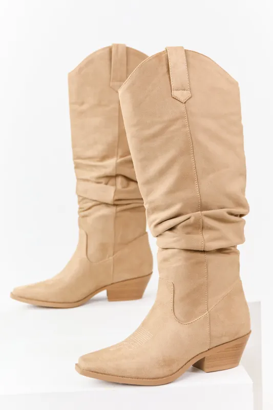 Beige Microsuede Western Style Slouch Tall Boots sold by Lime Lush