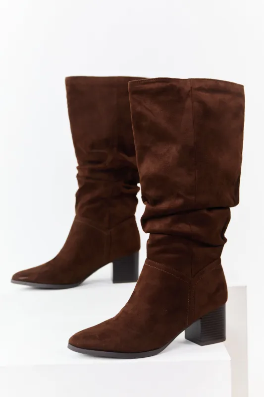 Cocoa Microsuede Slouch Block Heel Tall Boots sold by Lime Lush