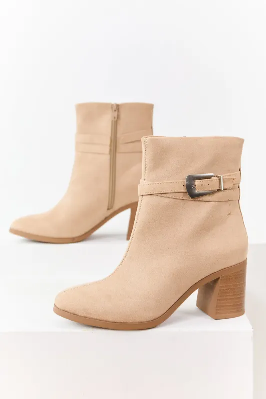 Beige Microsuede Block Heel Buckle Booties sold by Lime Lush