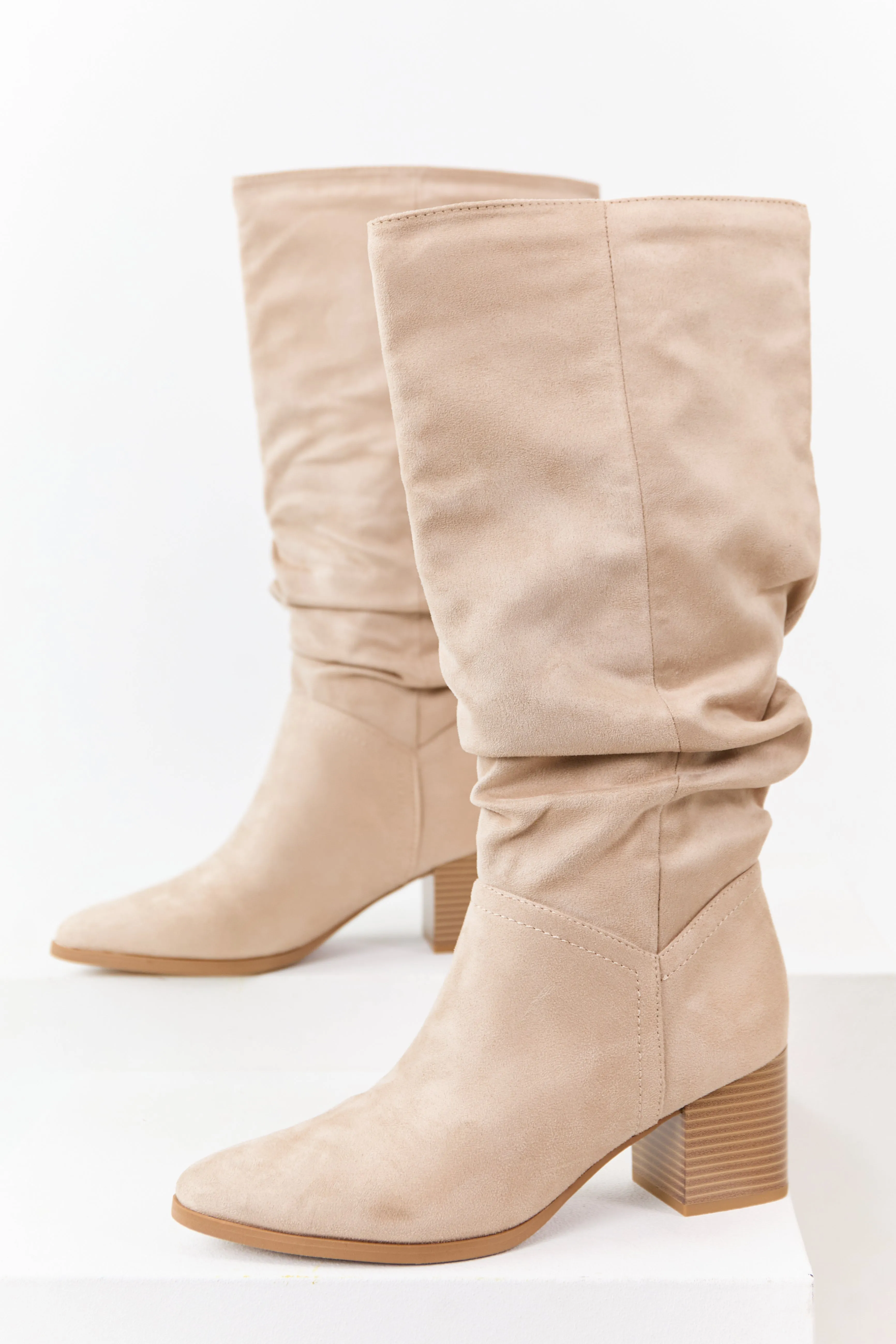 Champagne Microsuede Slouch Block Heel Tall Boots sold by Lime Lush