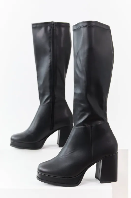 Black Faux Leather Platform Block Heel Boots sold by Lime Lush