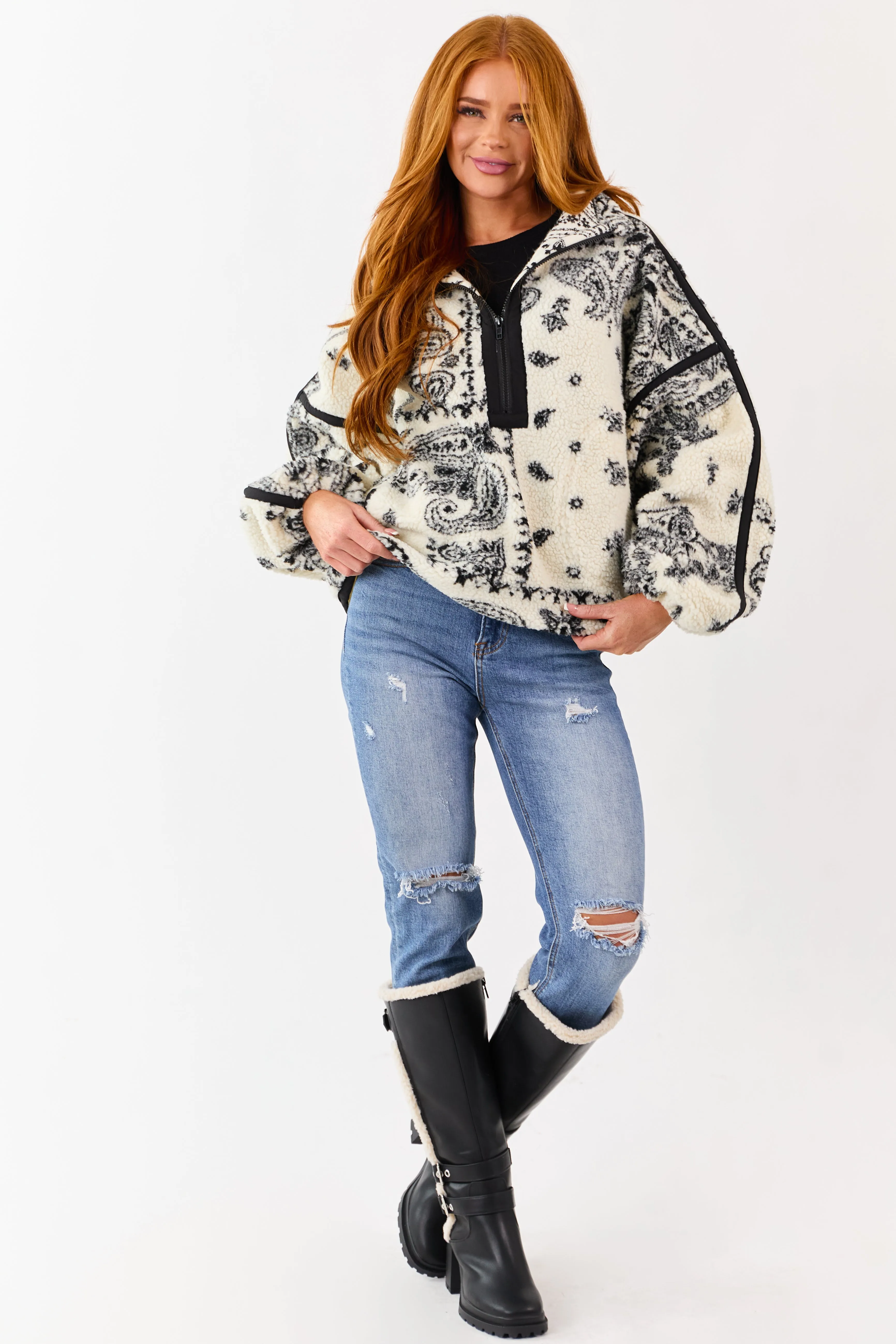 Cream Paisley Half Zip Up Sherpa Pullover Jacket sold by Lime Lush product image thumbnail 2