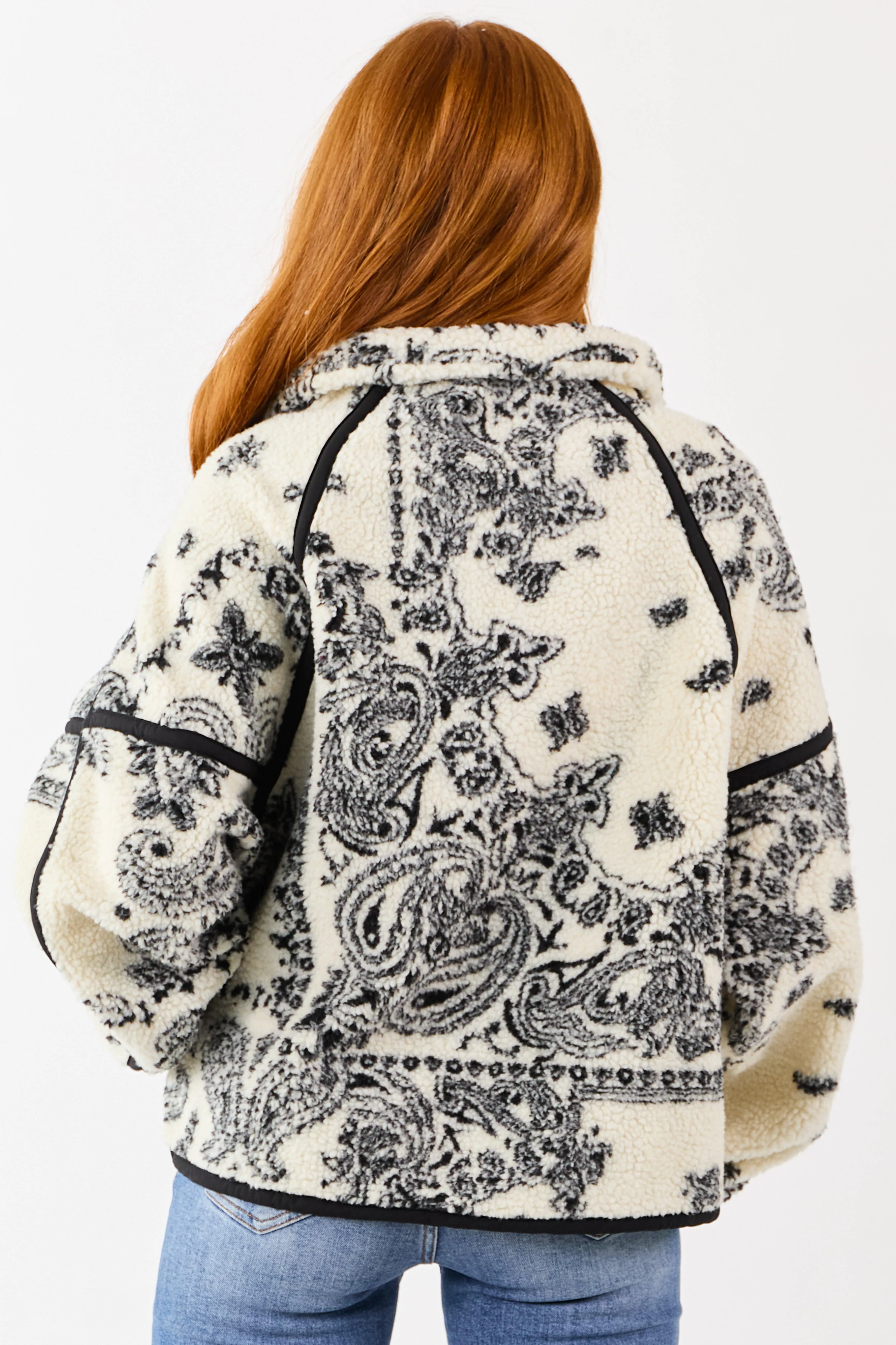 Cream Paisley Half Zip Up Sherpa Pullover Jacket sold by Lime Lush product image thumbnail 5