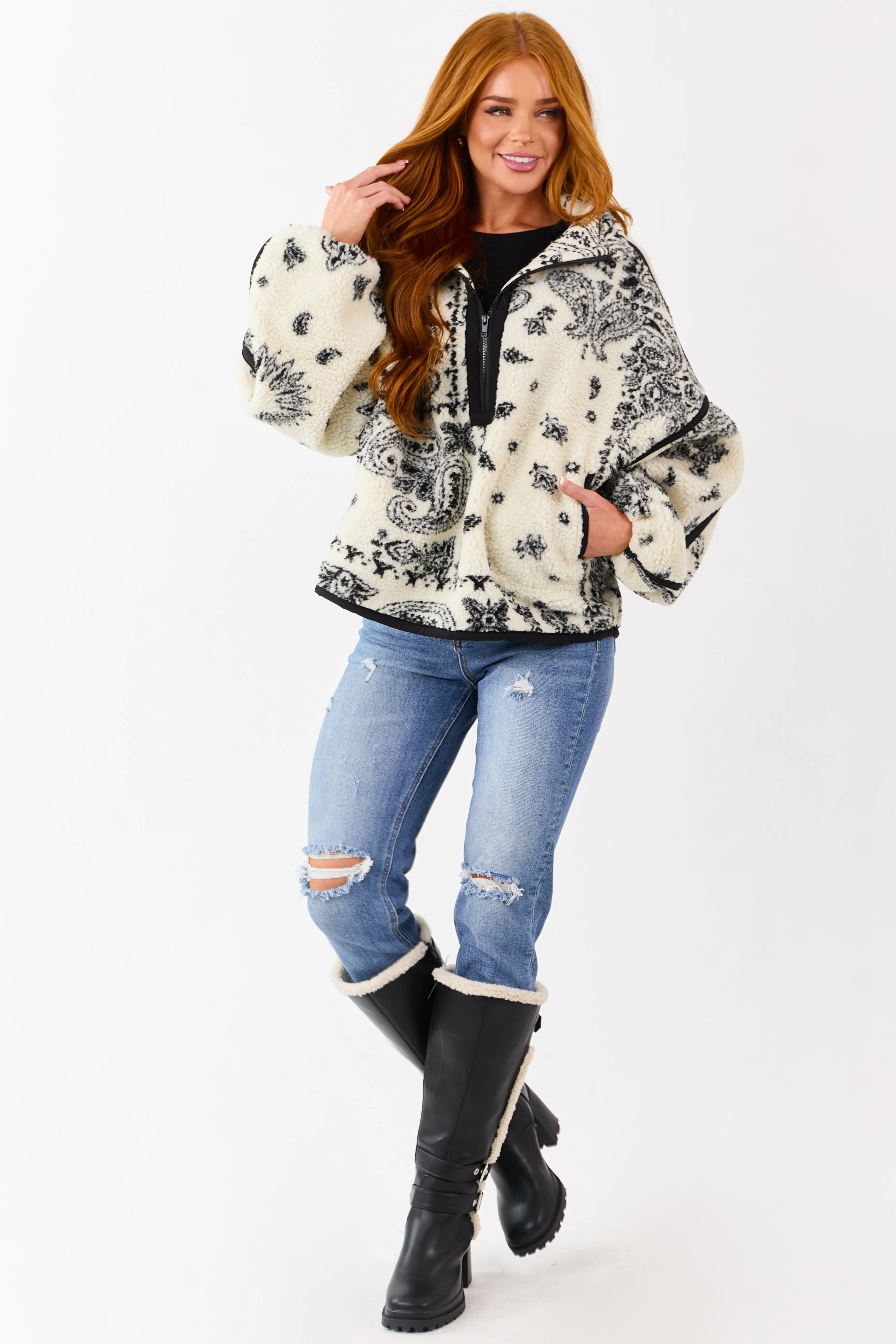 Cream Paisley Half Zip Up Sherpa Pullover Jacket sold by Lime Lush product image thumbnail 3