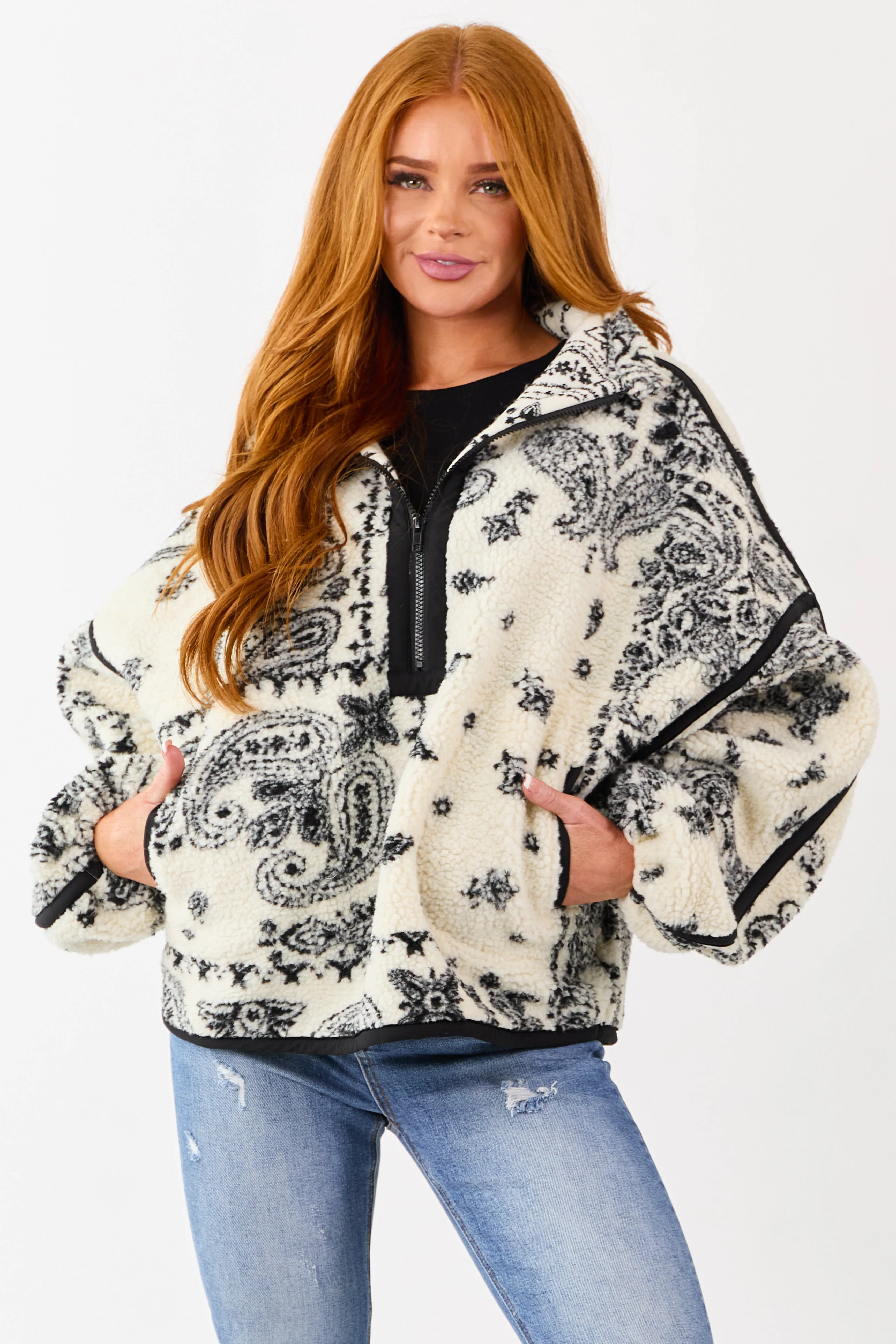 Cream Paisley Half Zip Up Sherpa Pullover Jacket sold by Lime Lush