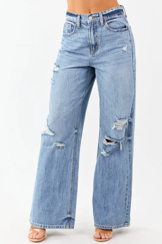 Cello Medium Wash Distressed Wide Leg Jeans sold by Lime Lush