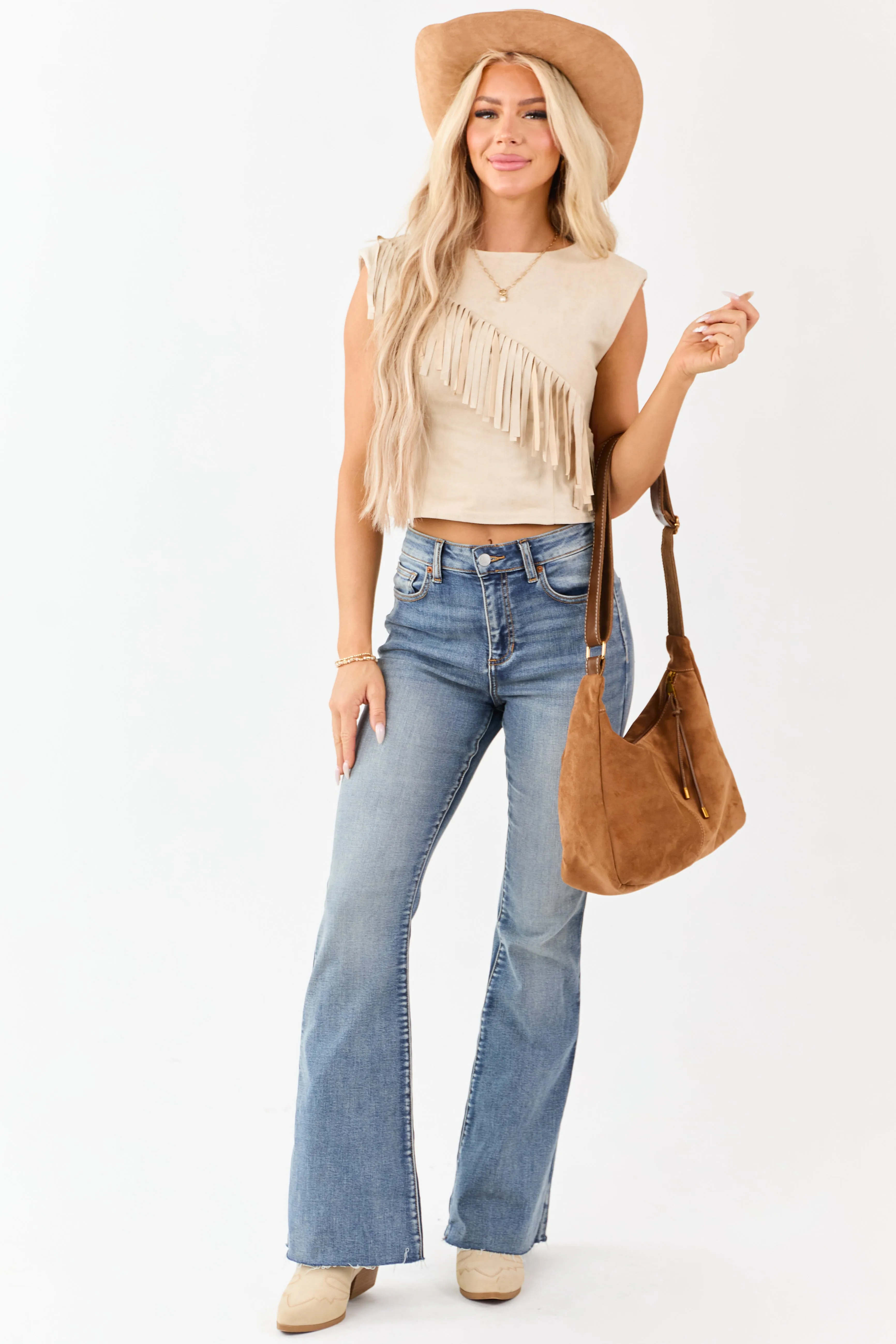 Desert Sand Faux Suede Fringe Cap Sleeve Top sold by Lime Lush product image thumbnail 2