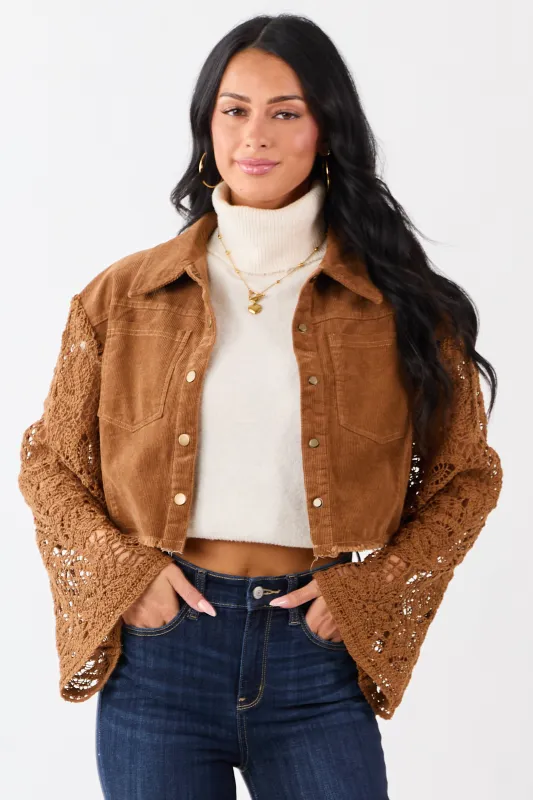 Sepia Corduroy Contrast Crochet Sleeve Crop Jacket sold by Lime Lush