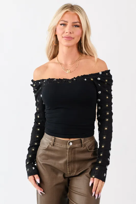 Black Knit Floral Long Sleeve Cropped Top sold by Lime Lush