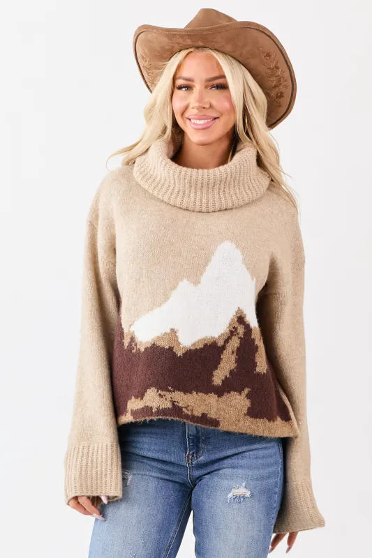 Latte Wool Blend Mountain Graphic Turtleneck Sweater sold by Lime Lush