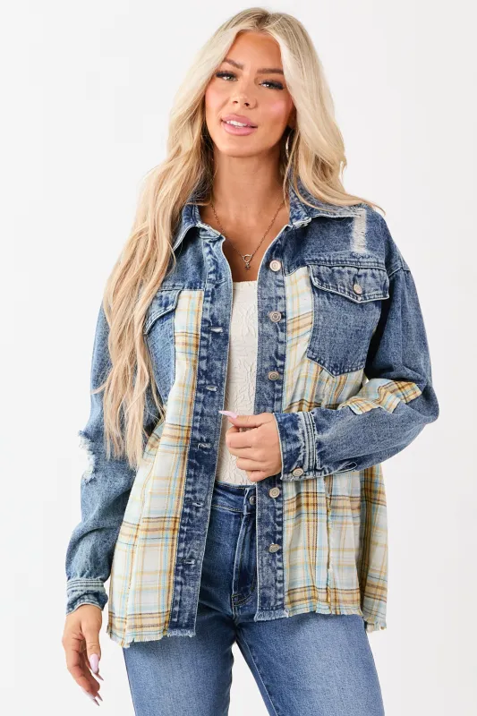 Medium Wash Denim Plaid Contrast Button Up Jacket sold by Lime Lush